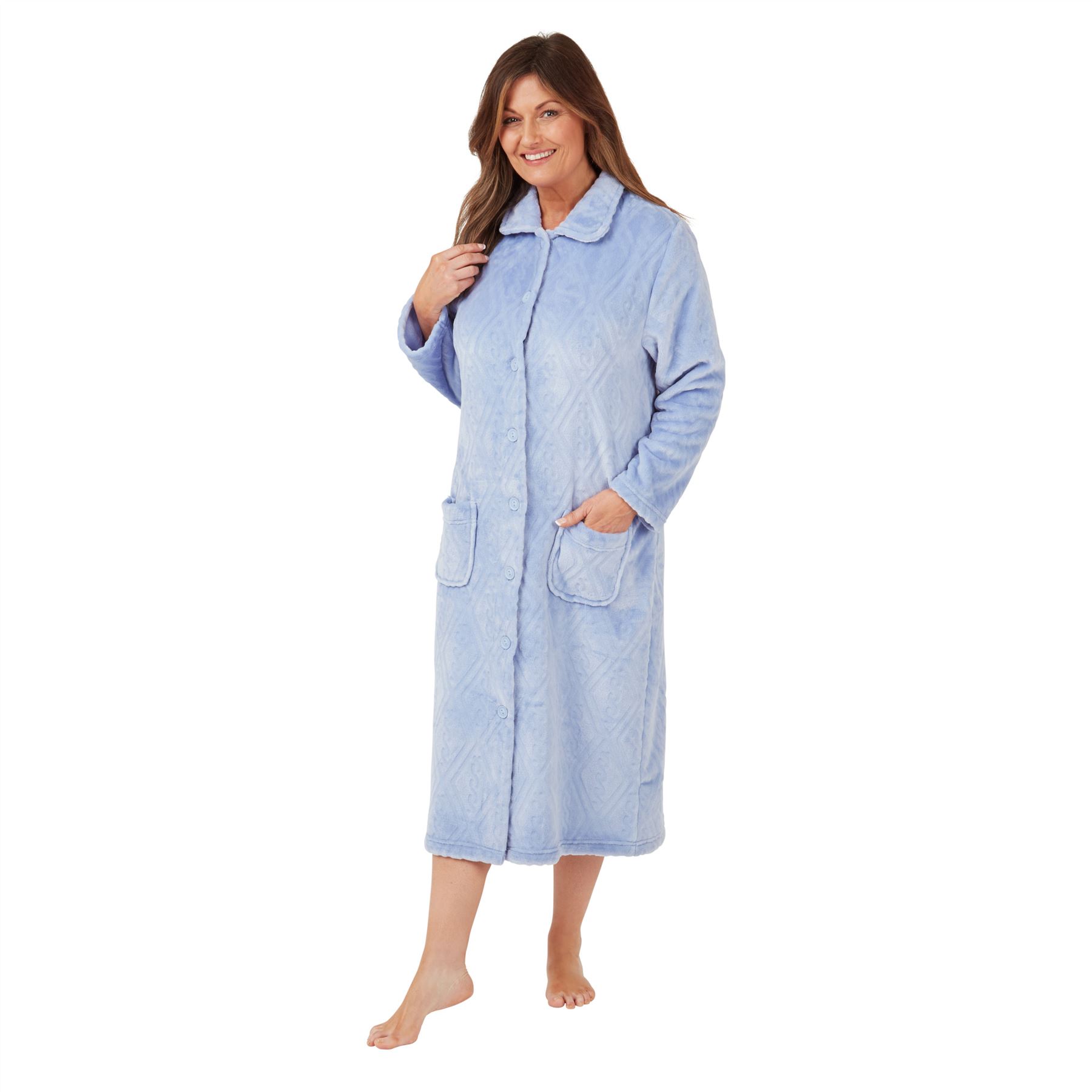 Ladies Embossed Button Through Front Fleece Housecoat Dressing Gown Robe 8-26 - Picture 5 of 10