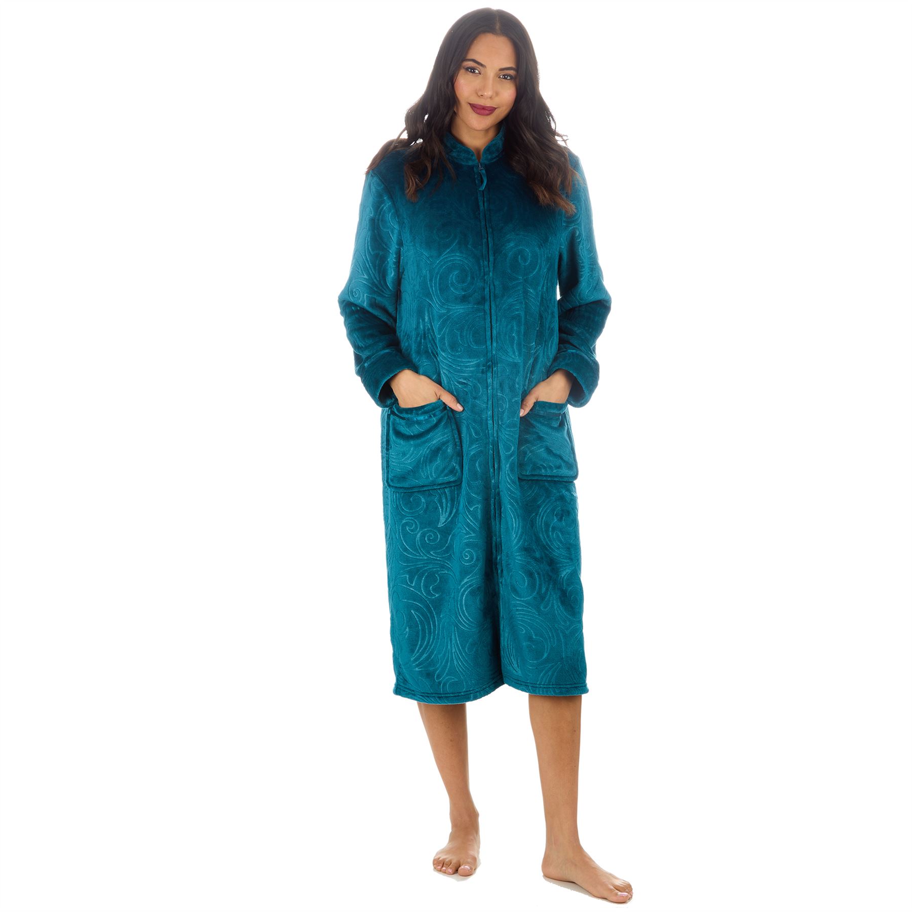 Womens Zip Robe Housecoat Ladies Embossed Fleece Dressing Gown Size 10-24 - Picture 27 of 31