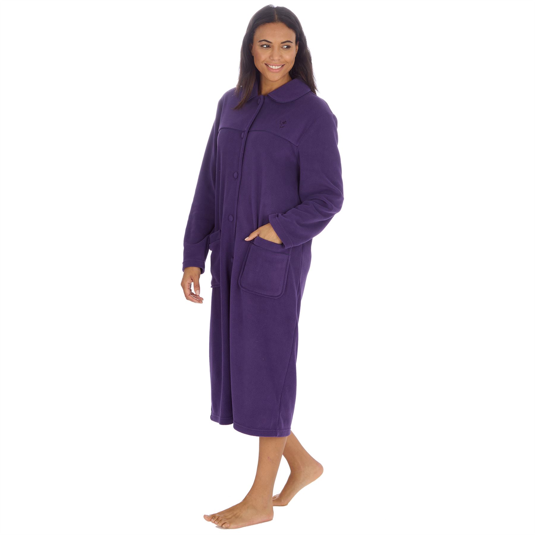 Ladies Button Housecoat Robe Longer Length Fleece Dressing Gown - Picture 28 of 40