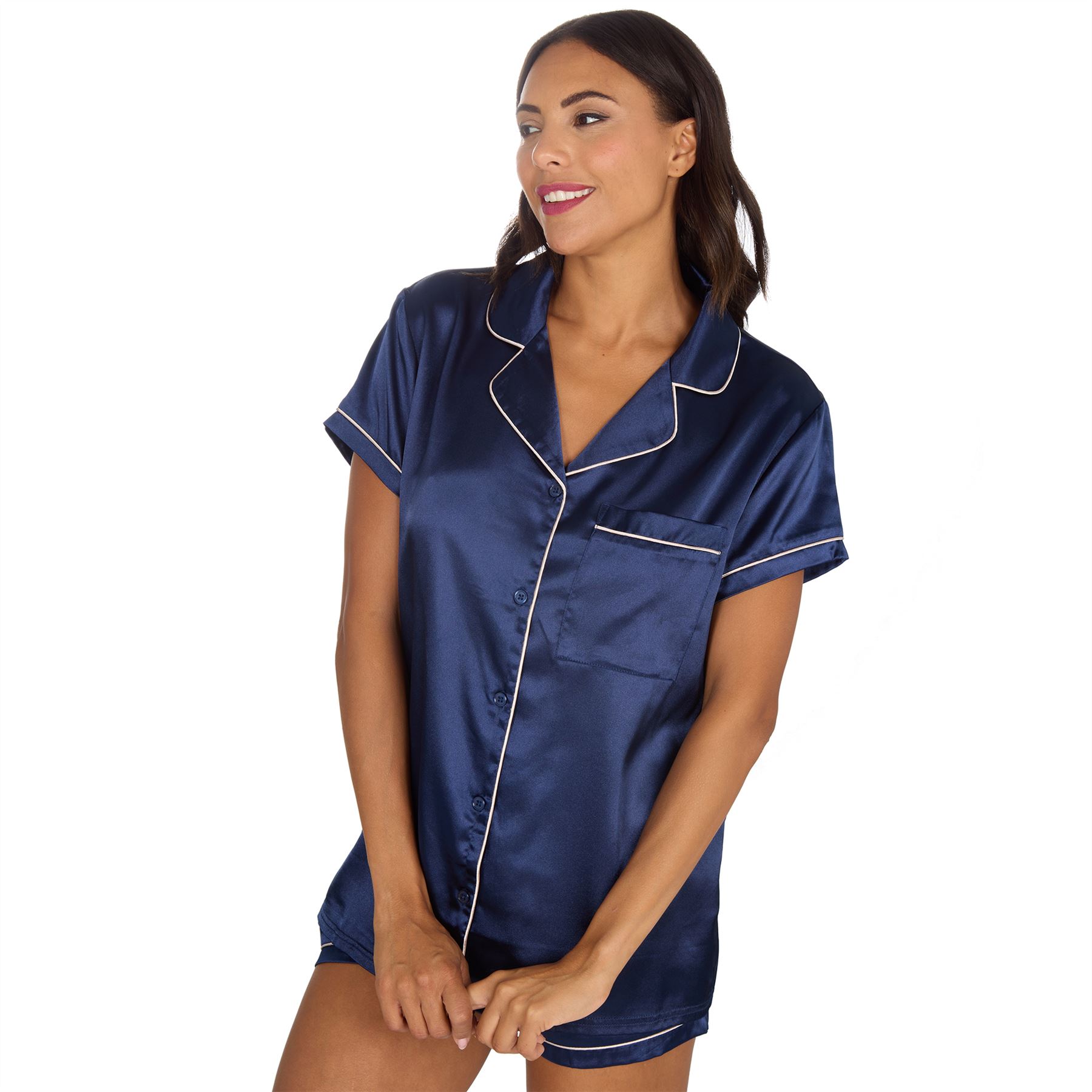 Conjunto de pijama de satén con botones delanteros y pantalones cortos para mujer y mujer talla 10-24 - Imagen 19 de 28