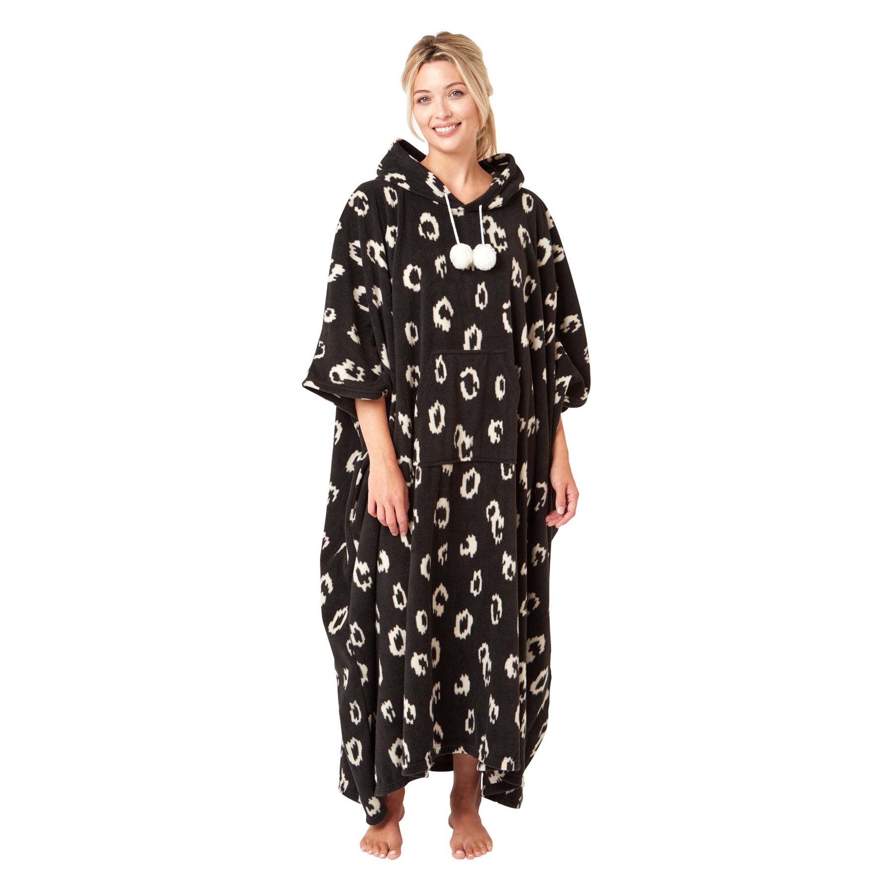 Womens Oversized Poncho Animal Print Fleece Hooded Blanket Black Teal Robe - Picture 11 of 18