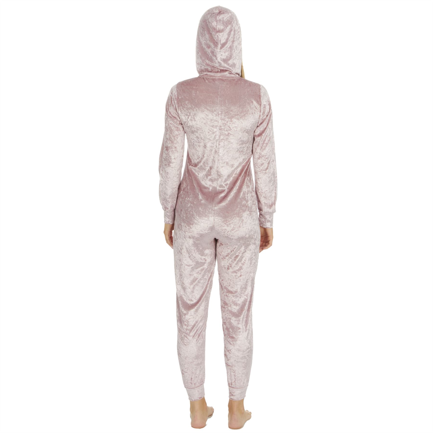 Ladies Crushed Velvet 1Onesie All In One Hooded Pyjamas Size 8-22 - Picture 12 of 13