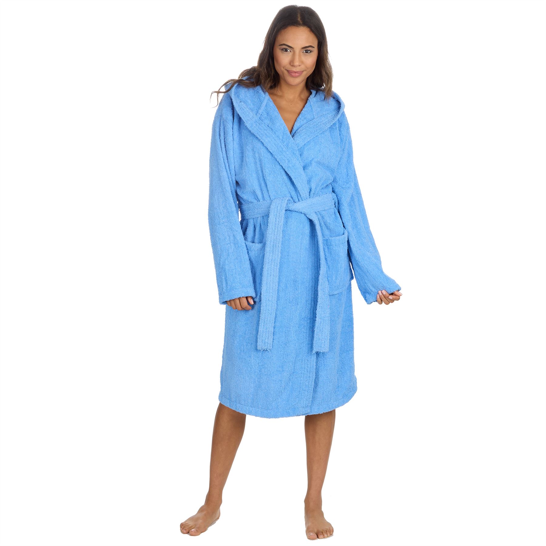 Womens Cotton Towelling Robe Hooded Bath Robe Dressing Gown  - Picture 13 of 26