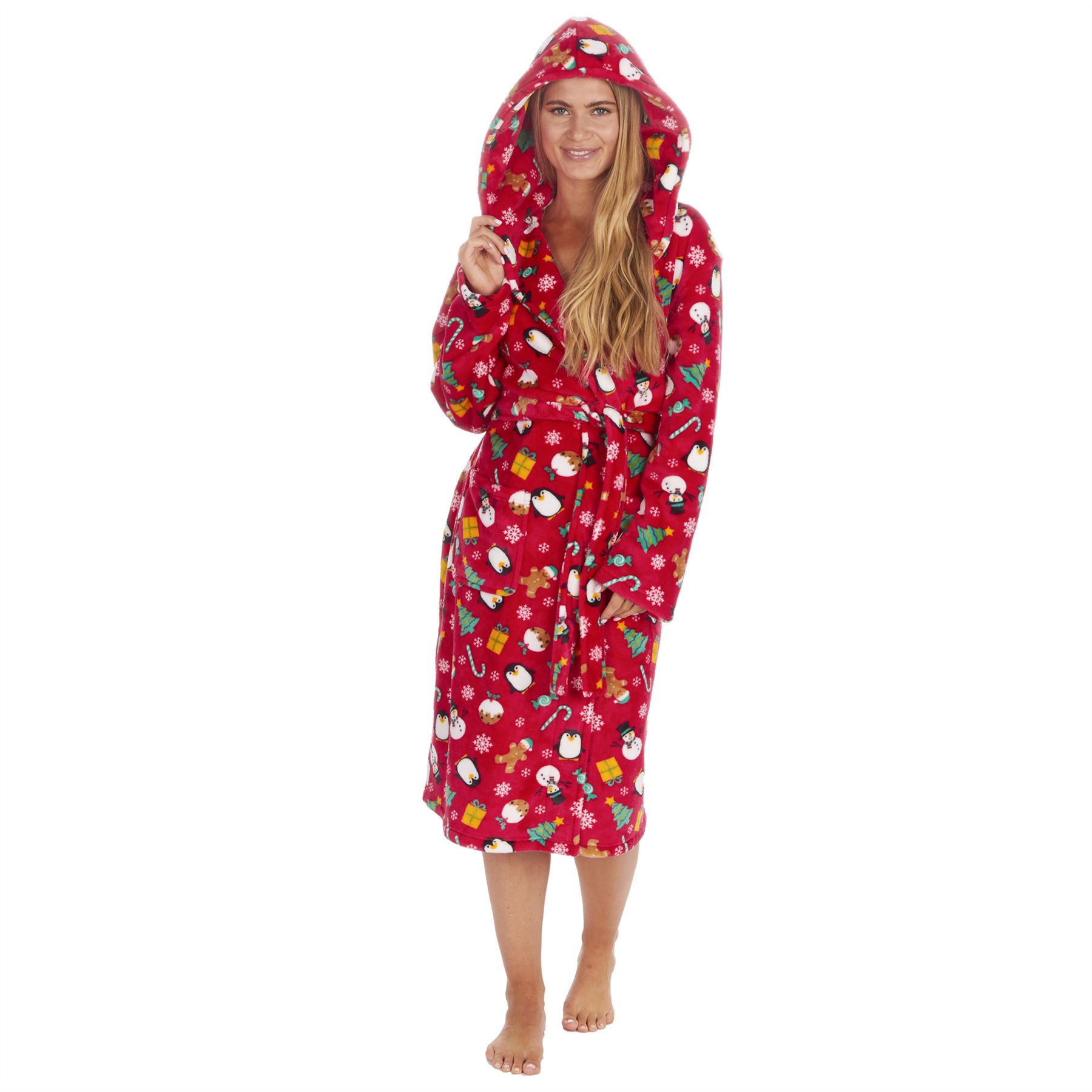 Christmas Dressing Gown Robe Xmas Mens Womens Unisex Red Navy Fleece Nightwear - Picture 28 of 36