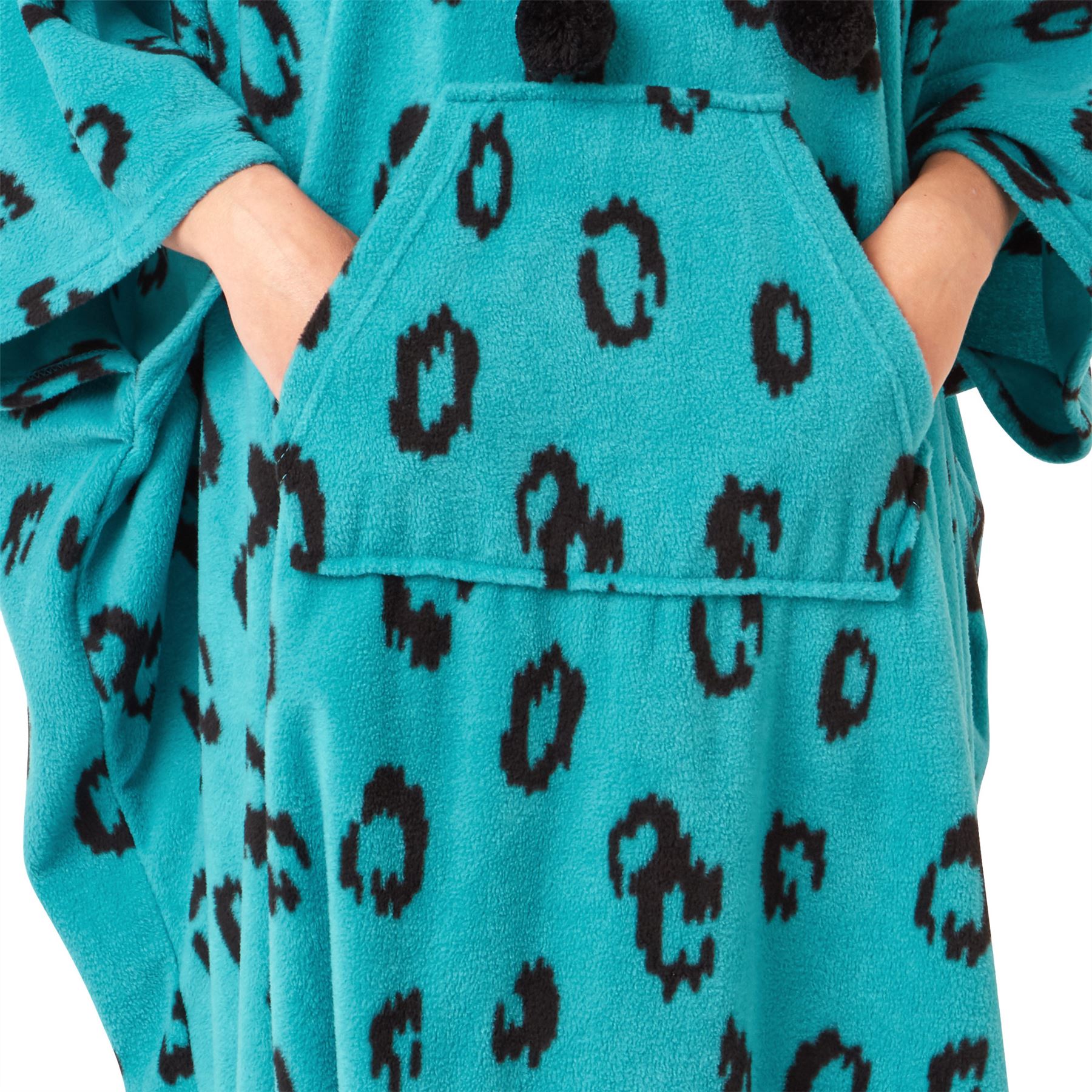 Womens Oversized Poncho Animal Print Fleece Hooded Blanket Black Teal Robe - Picture 17 of 18
