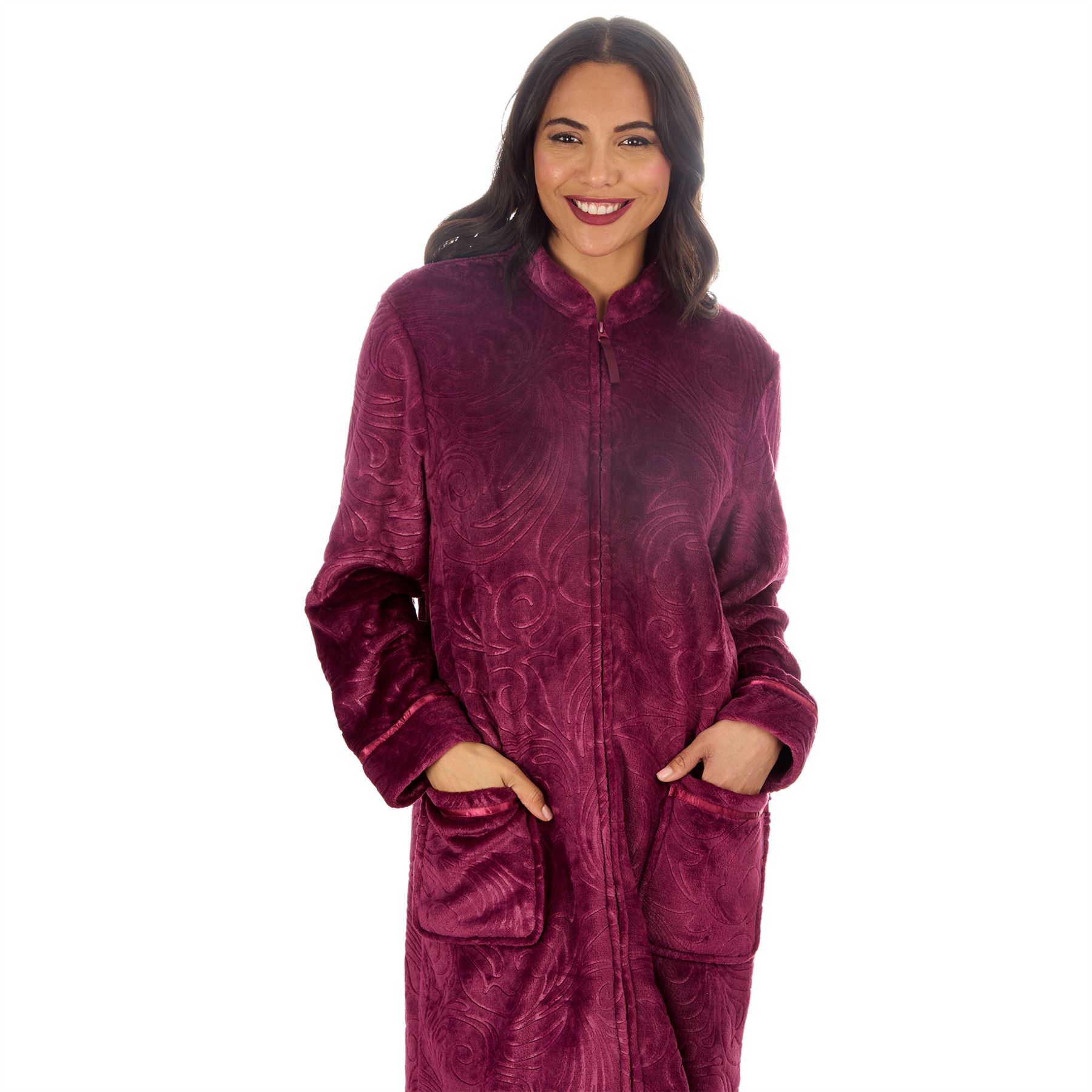 Womens Zip Robe Housecoat Ladies Embossed Fleece Dressing Gown Size 10-24 - Picture 16 of 31