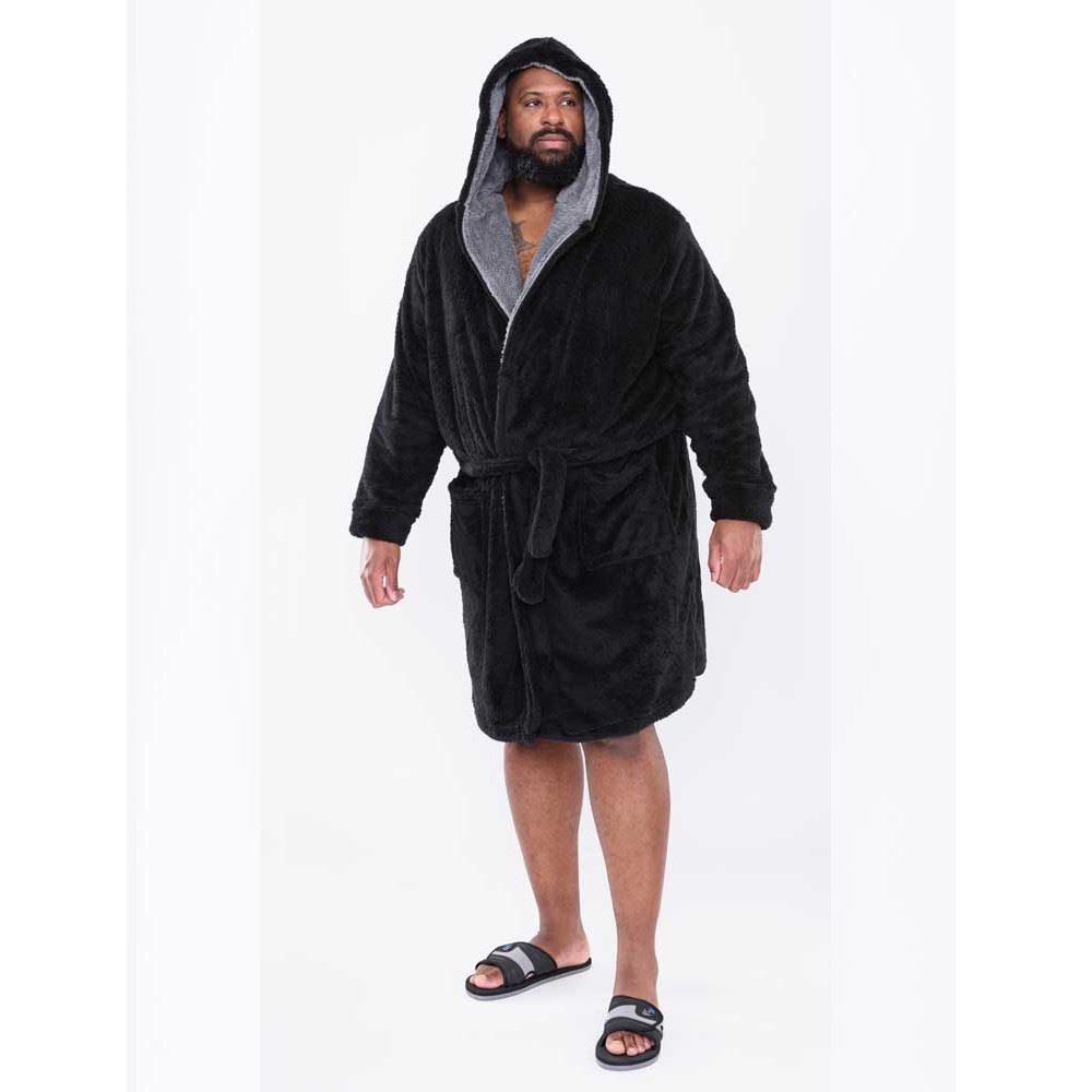 black fluffy hooded dressing gown