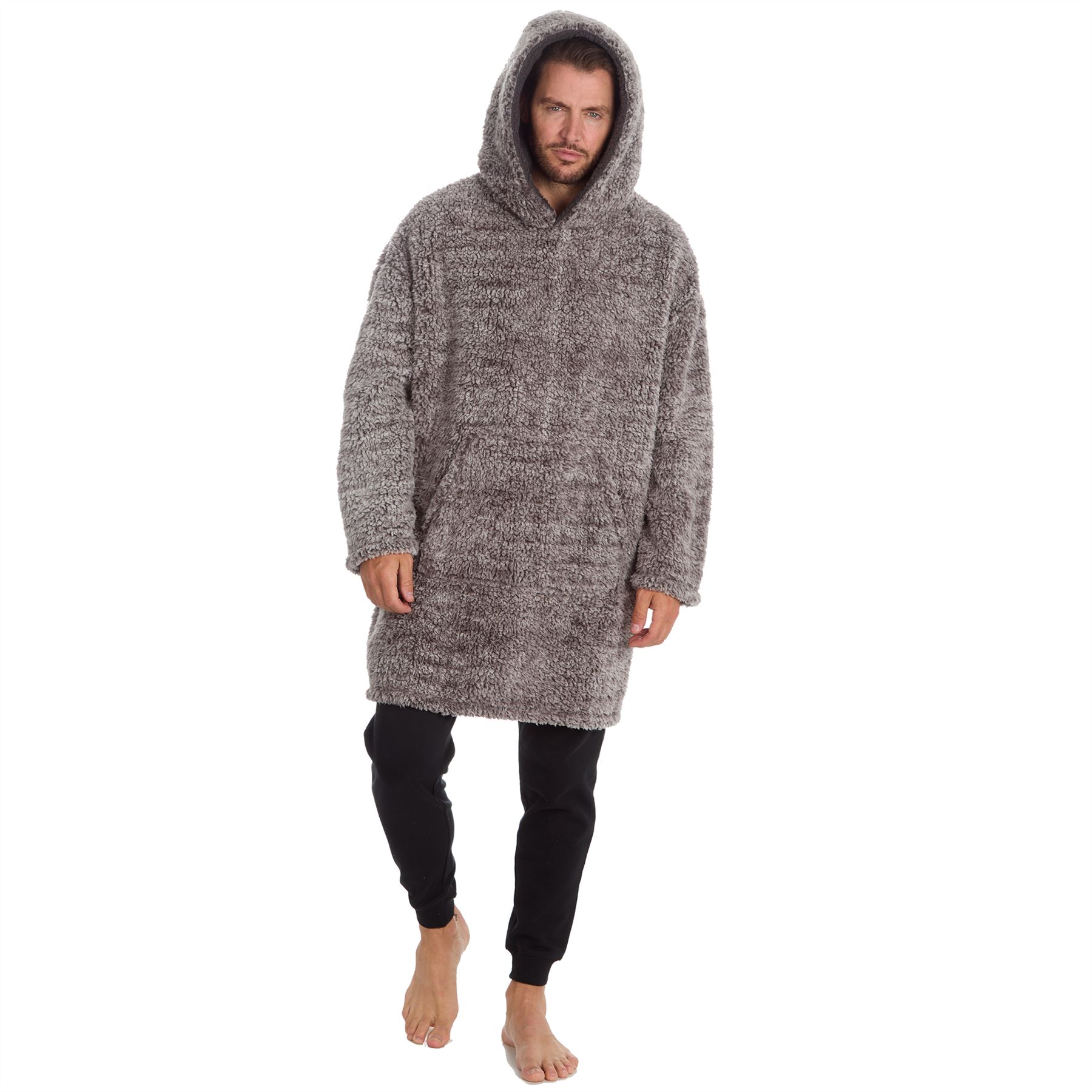 Mens Sherpa Fleece Hoodie Adults Frosted Oversized Warm Winter Nightwear - Picture 8 of 15