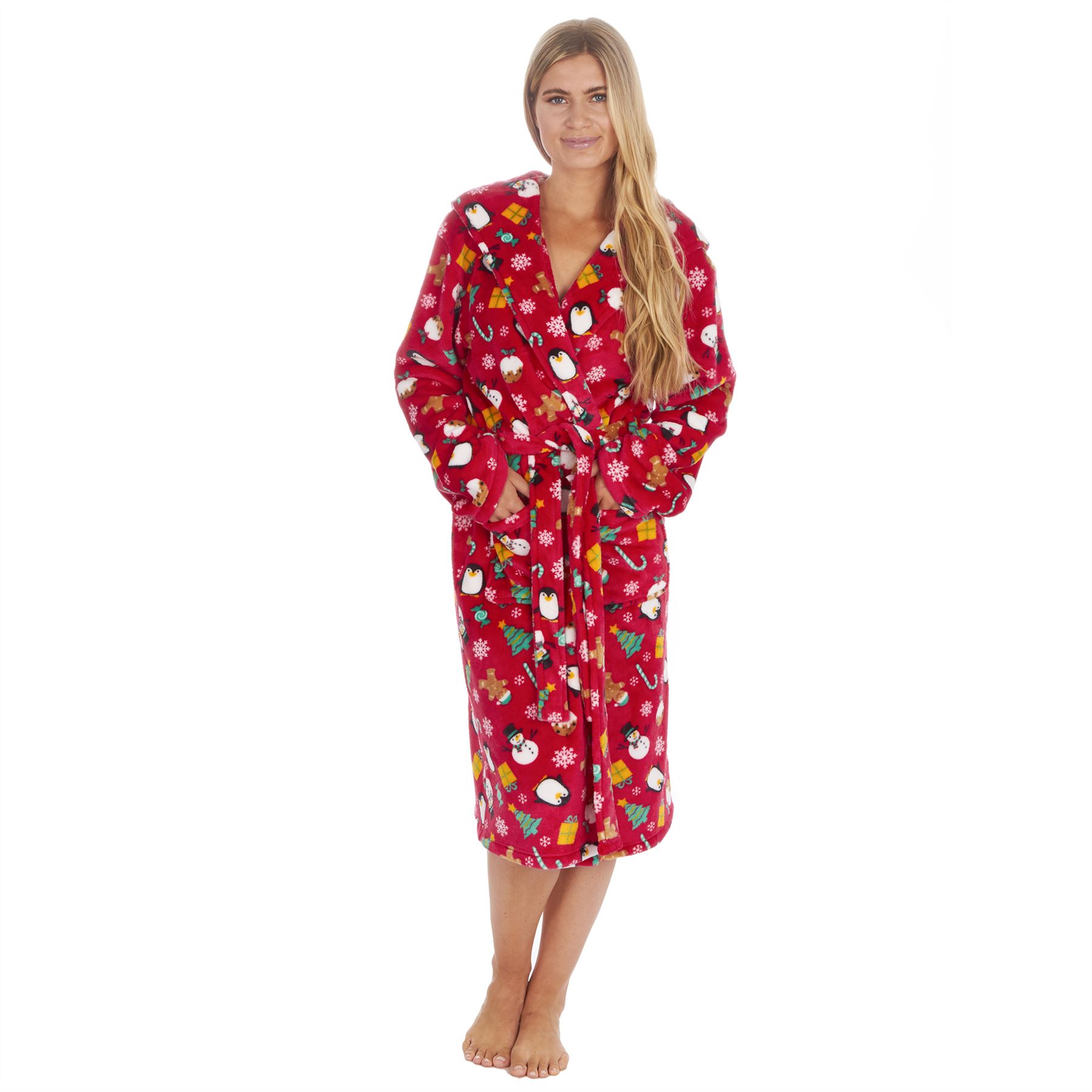 Christmas Dressing Gown Robe Xmas Mens Womens Unisex Red Navy Fleece Nightwear - Picture 26 of 36