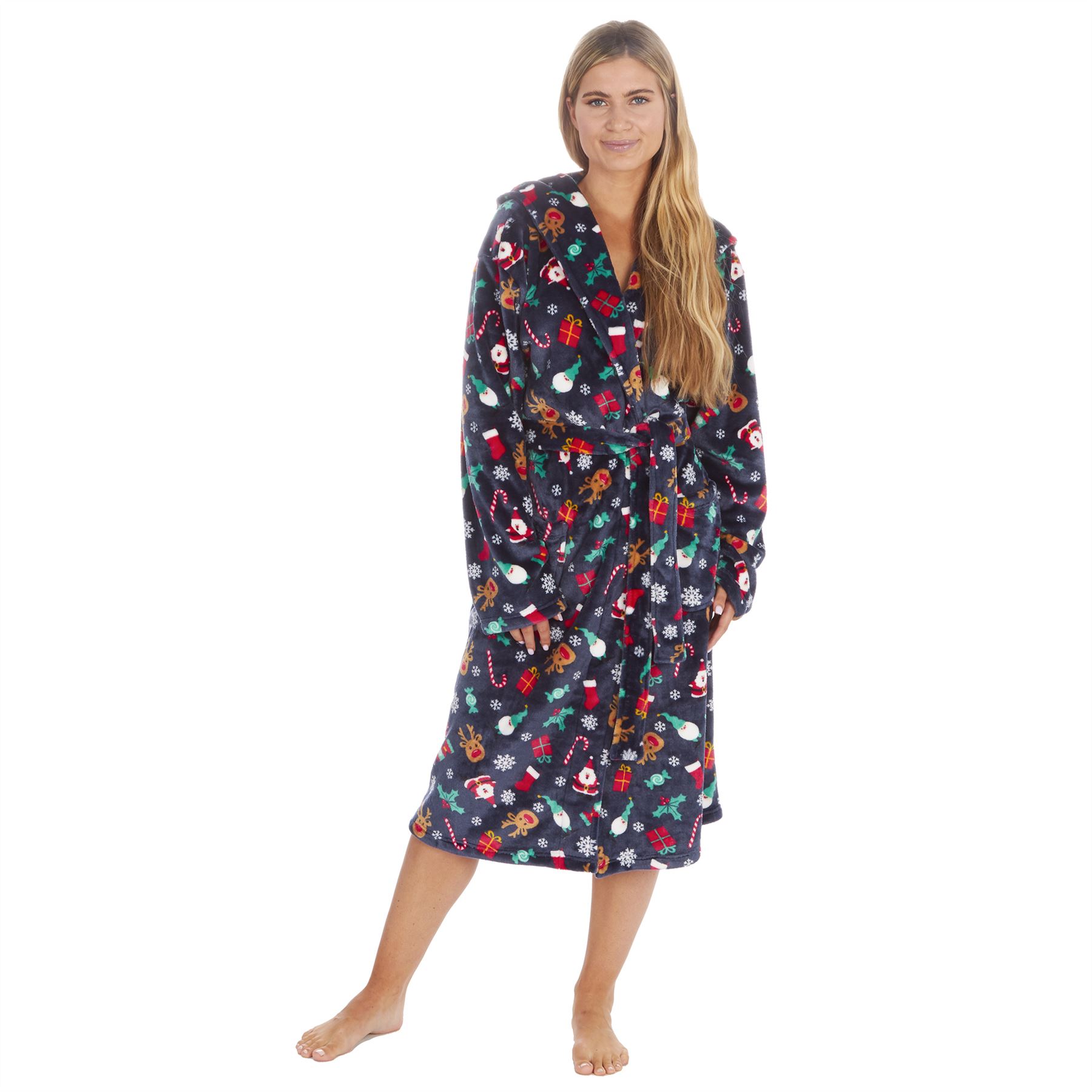 Christmas Dressing Gown Robe Xmas Mens Womens Unisex Red Navy Fleece Nightwear - Picture 15 of 36