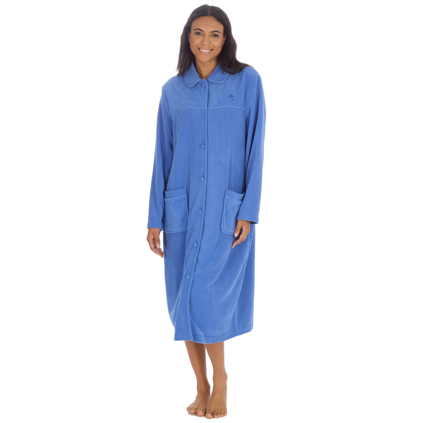Ladies Button Housecoat Robe Longer Length Fleece Dressing Gown - Picture 14 of 40