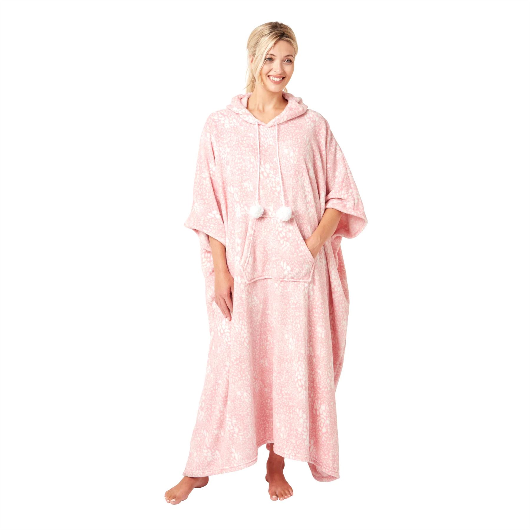 Womens Oversized Poncho Animal Print Fleece Hooded Blanket Blue Pink Robe - Picture 16 of 20