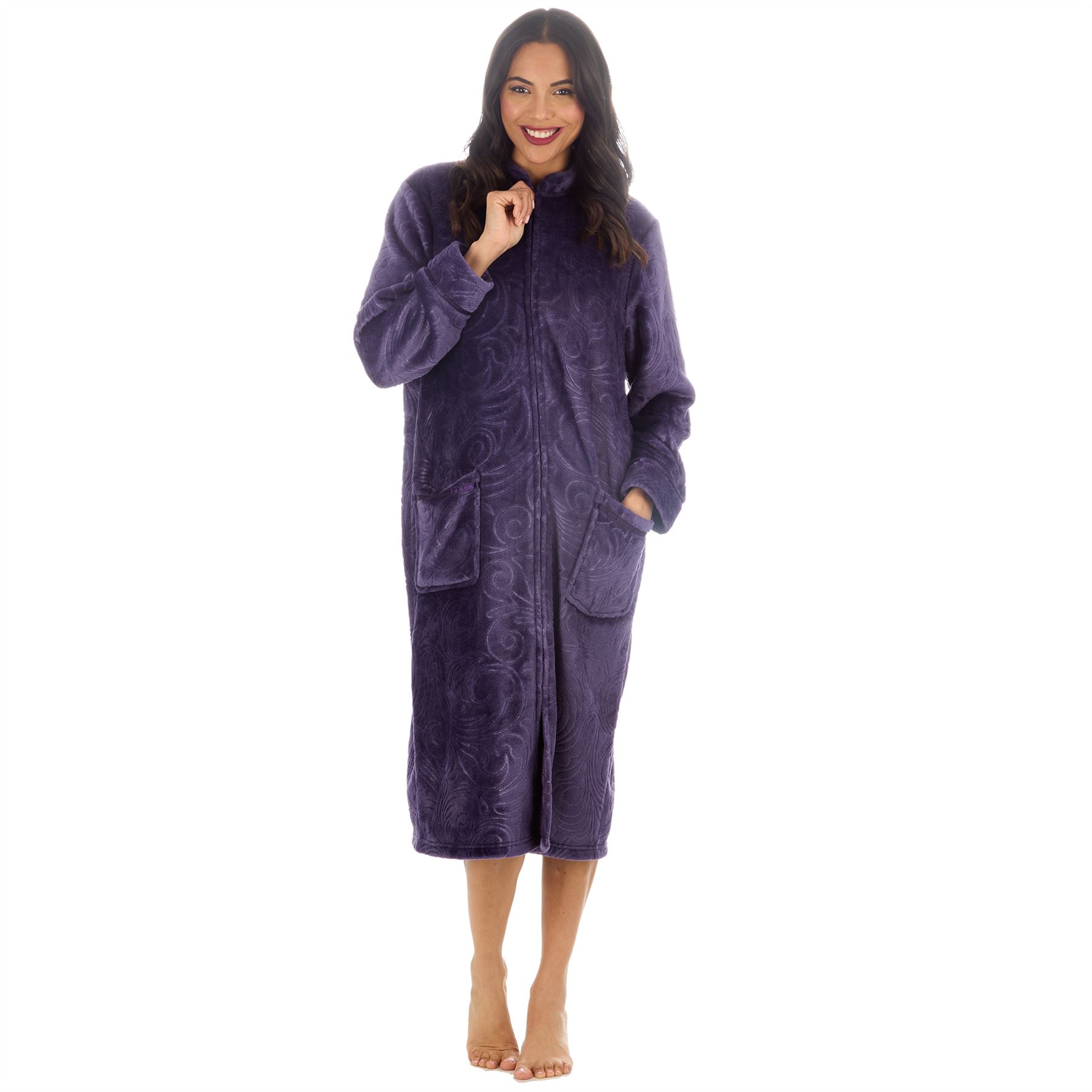 Womens Zip Robe Housecoat Ladies Embossed Fleece Dressing Gown Size 10-24 - Picture 18 of 31