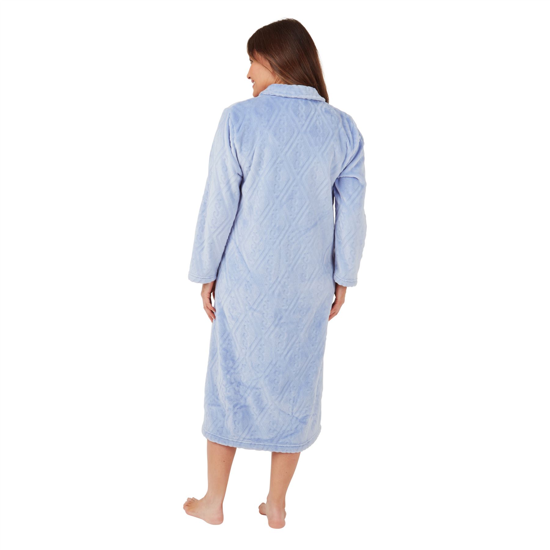 Ladies Embossed Button Through Front Fleece Housecoat Dressing Gown Robe 8-26 - Picture 7 of 10