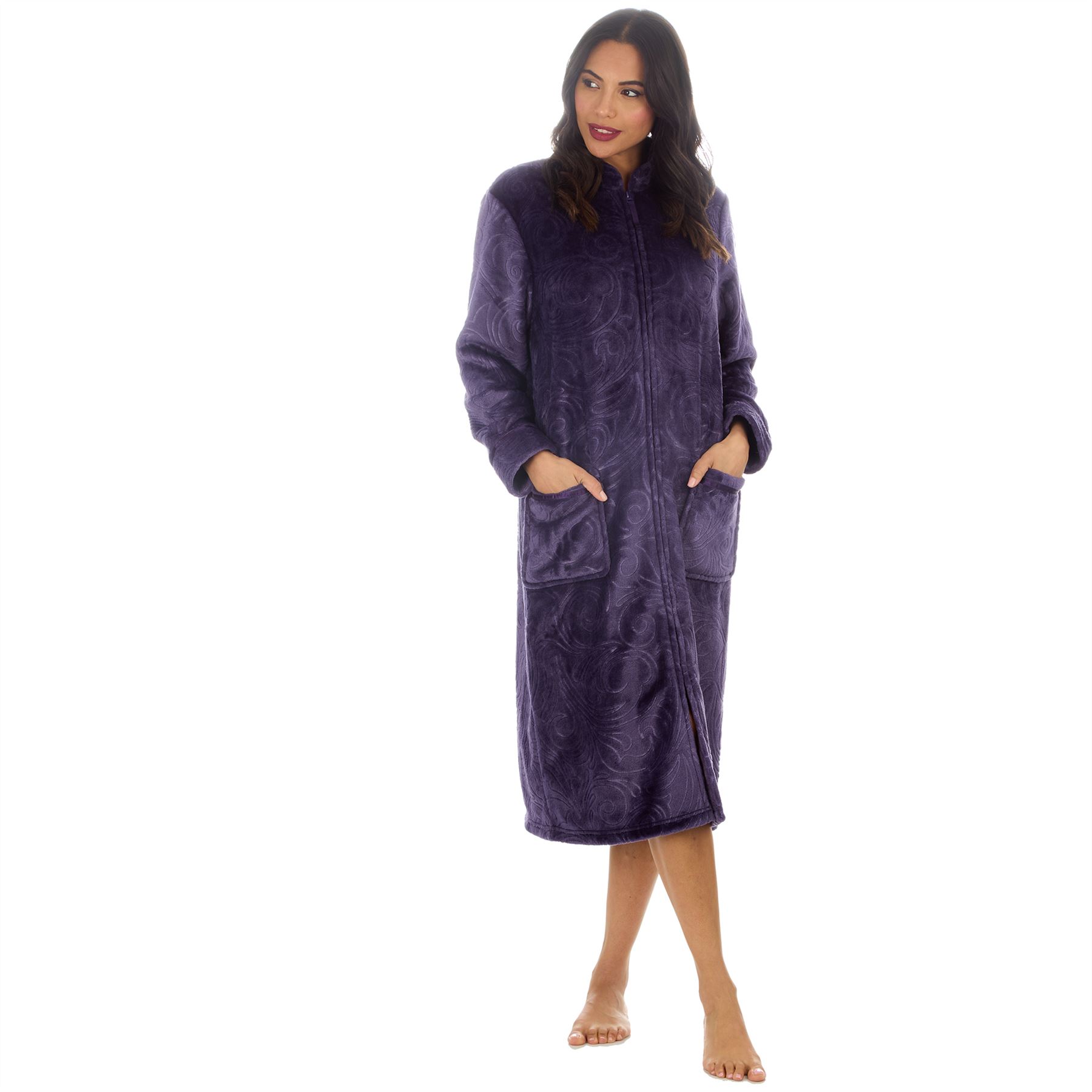 Womens Zip Robe Housecoat Ladies Embossed Fleece Dressing Gown Size 10-24 - Picture 20 of 31