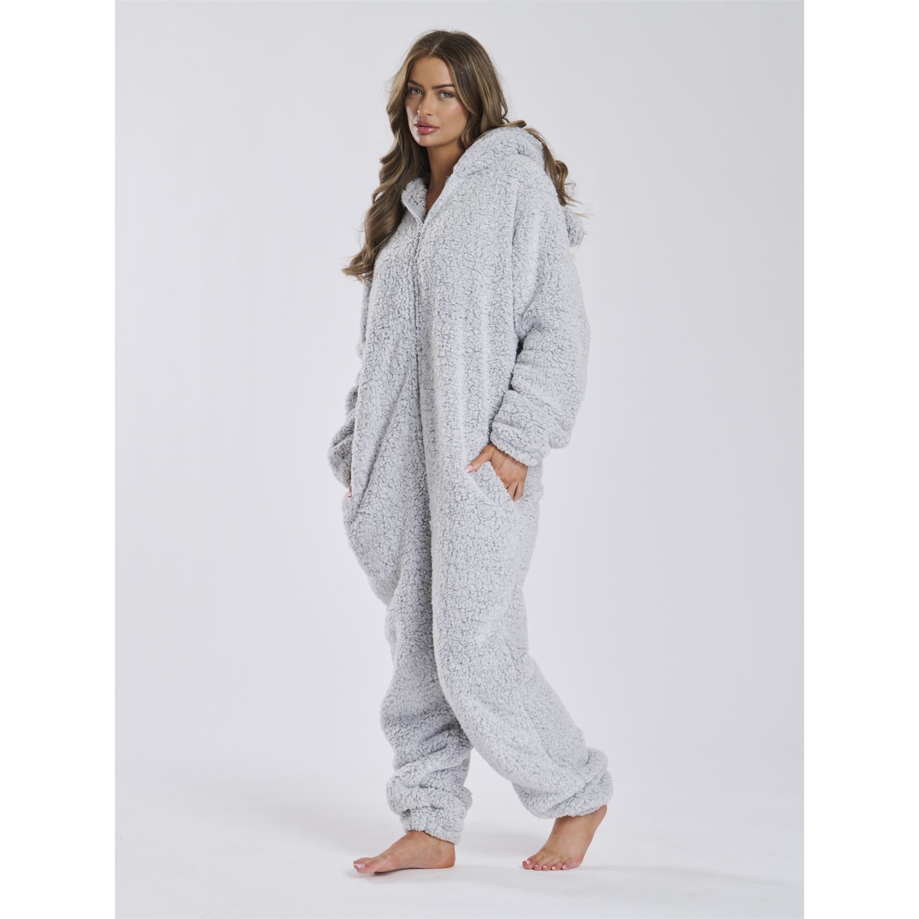 Ladies Teddy Fleece Sherpa All In One With Hood Warm Loungewear - Picture 50 of 51