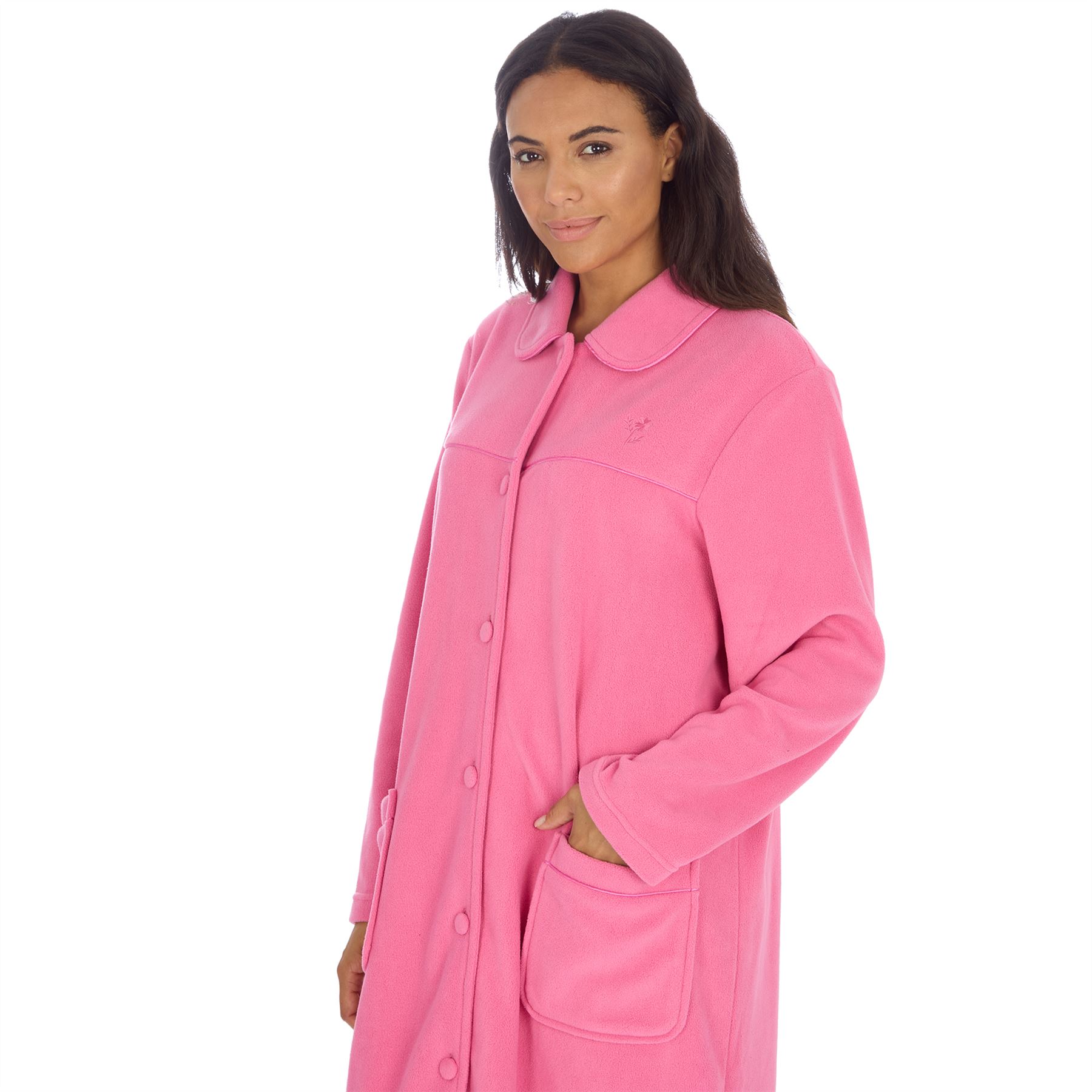 Ladies Button Housecoat Robe Longer Length Fleece Dressing Gown - Picture 26 of 40