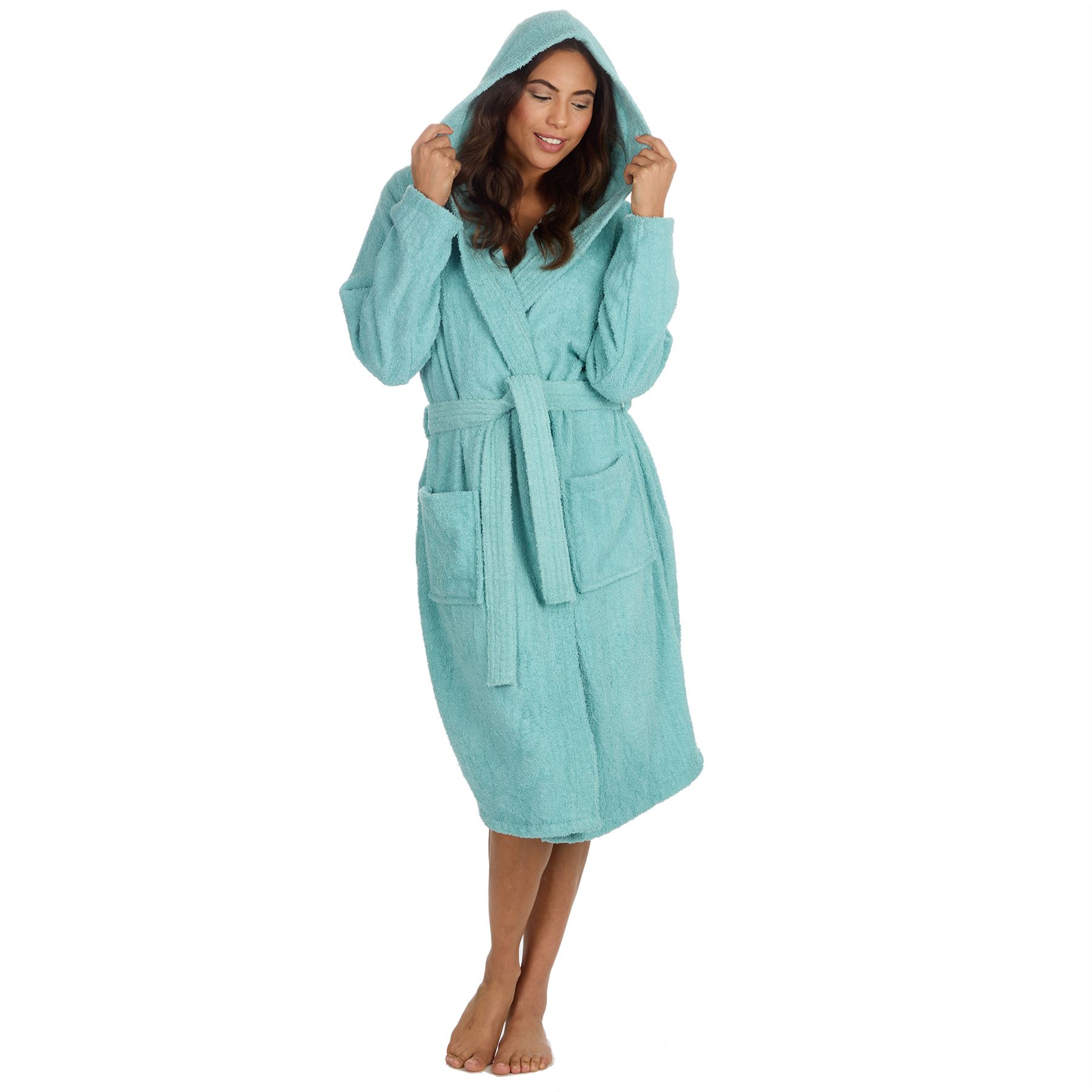 Womens Terry Towelling Bathrobe 100% Cotton Hooded Bath Robe Size 10-24 - Picture 19 of 26