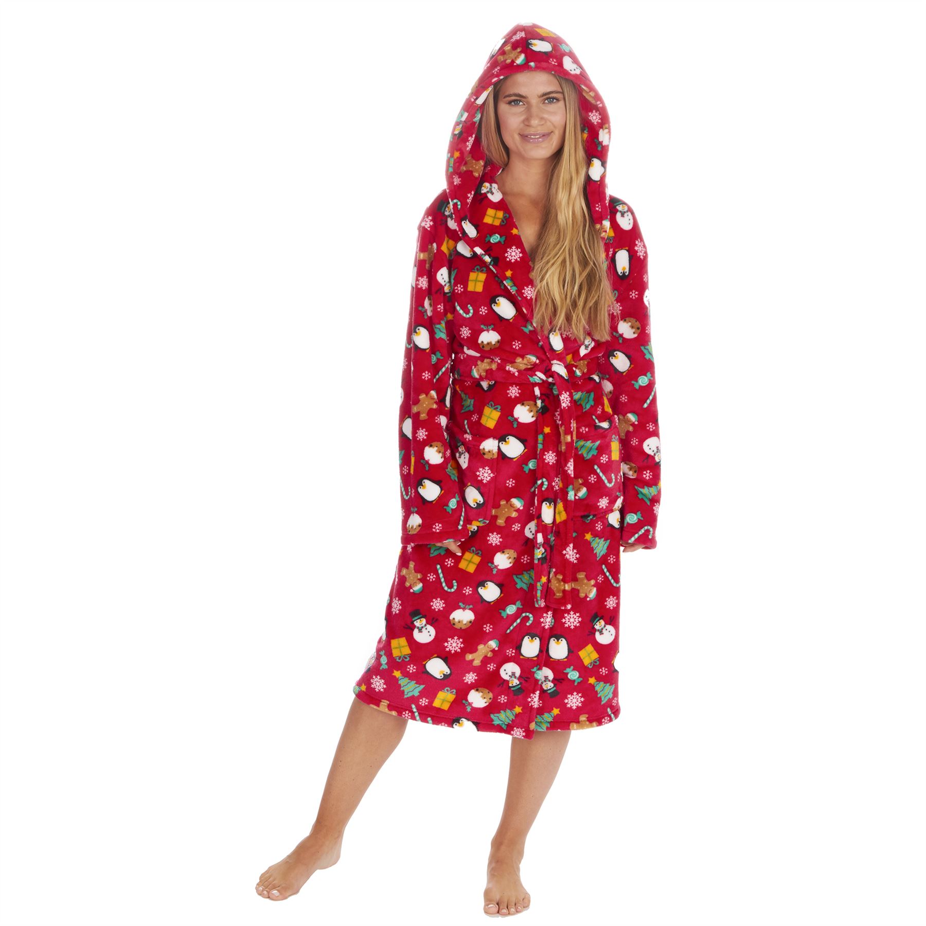 Christmas Dressing Gown Robe Xmas Mens Womens Unisex Red Navy Fleece Nightwear - Picture 29 of 36