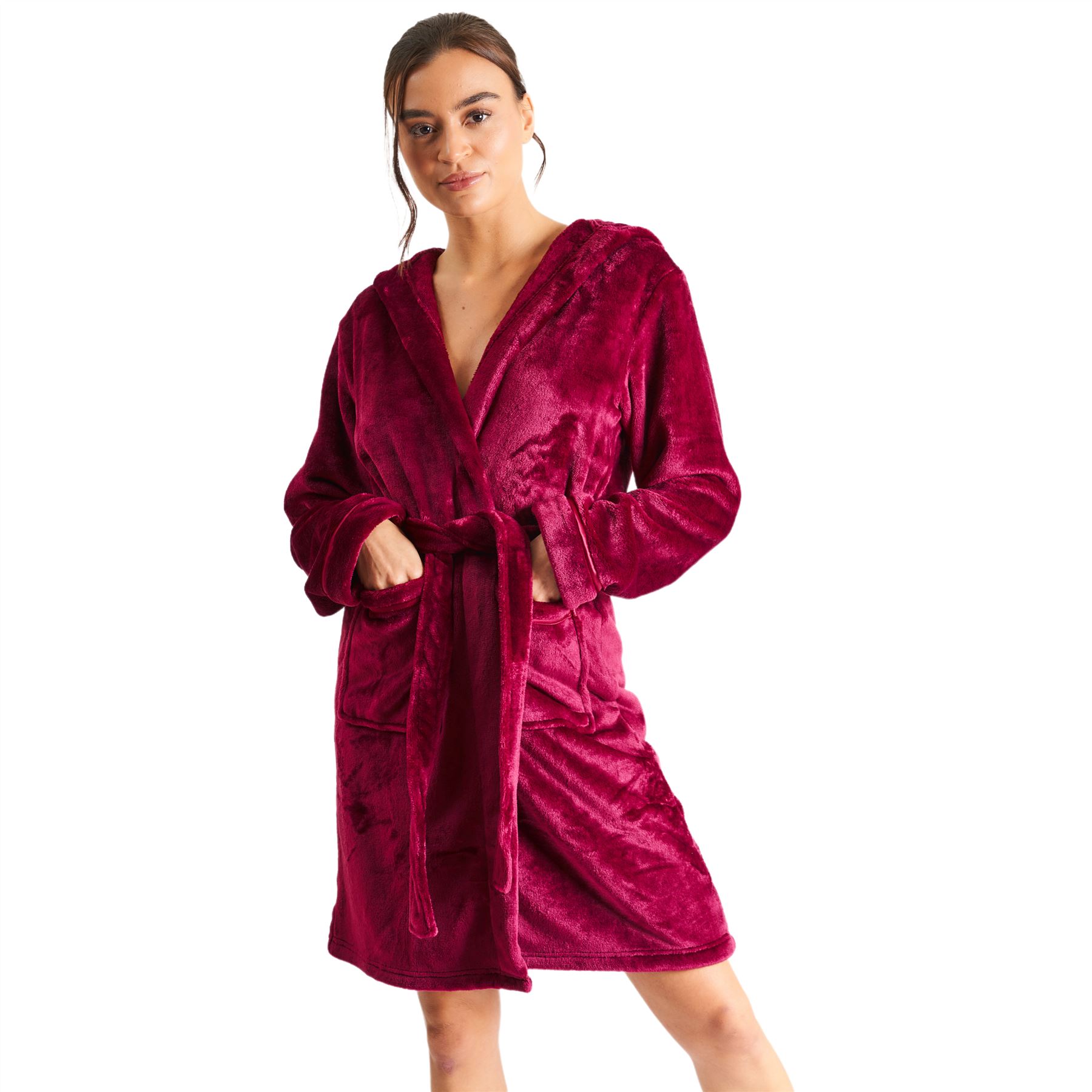 Ladies Super Soft Hooded Fleece Robe Dressing Gown - Picture 60 of 75