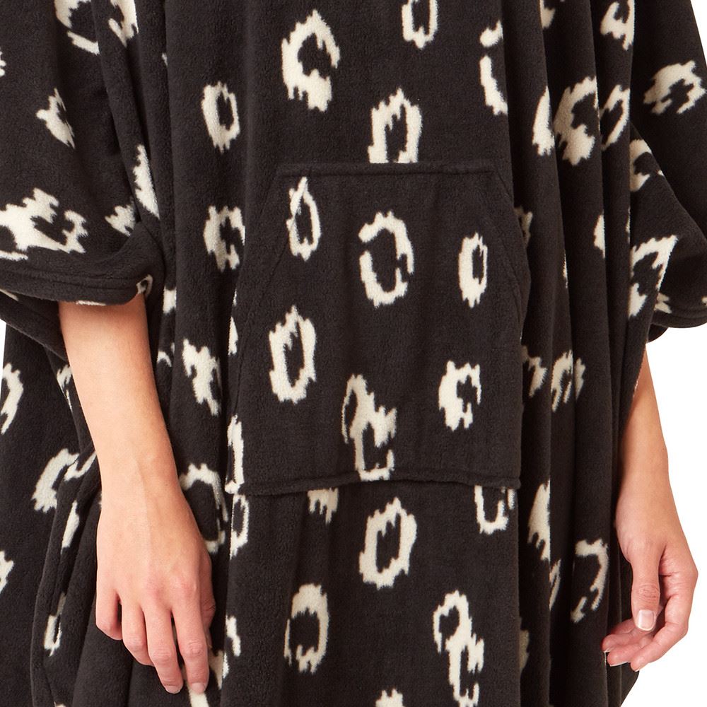 Womens Oversized Poncho Animal Print Fleece Hooded Blanket Black Teal Robe - Picture 13 of 18