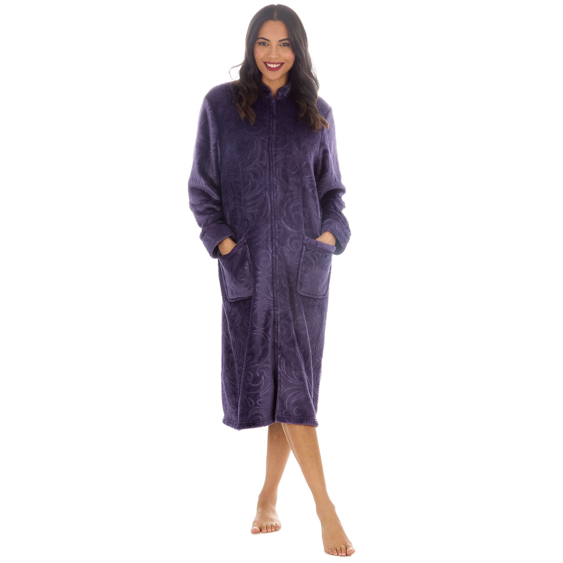Womens Zip Robe Housecoat Ladies Embossed Fleece Dressing Gown Size 10-24 - Picture 19 of 31
