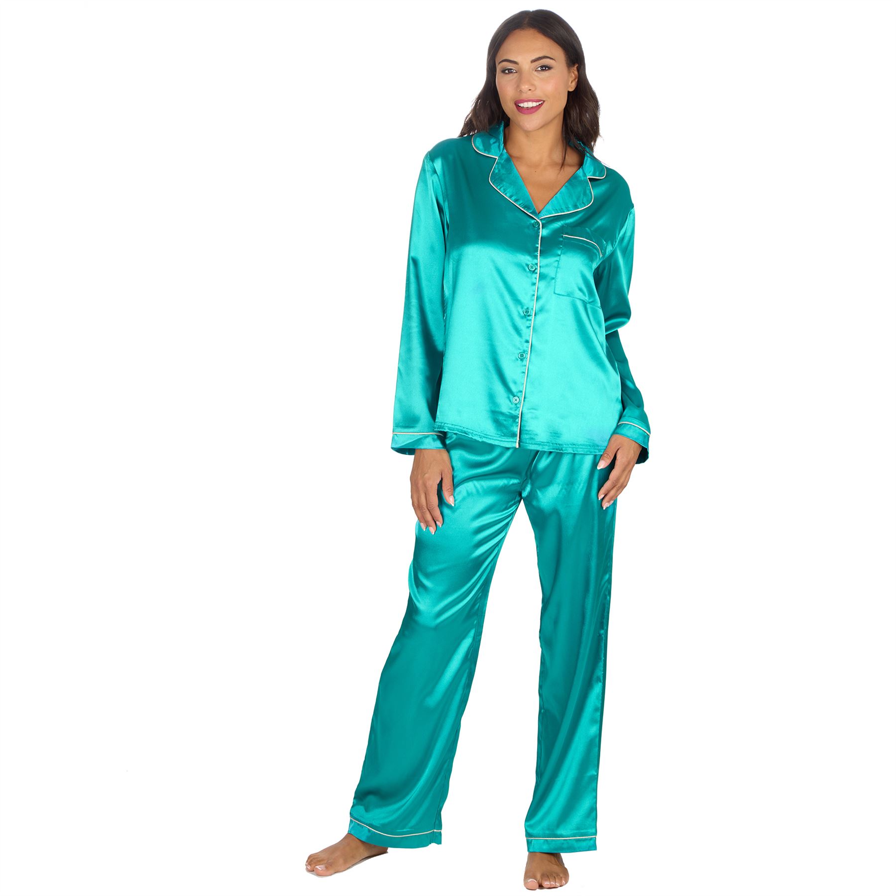 Ladies Satin Pyjamas Long Sleeve Button Front Pyjama Set PJs Size 10-24 - Picture 17 of 19