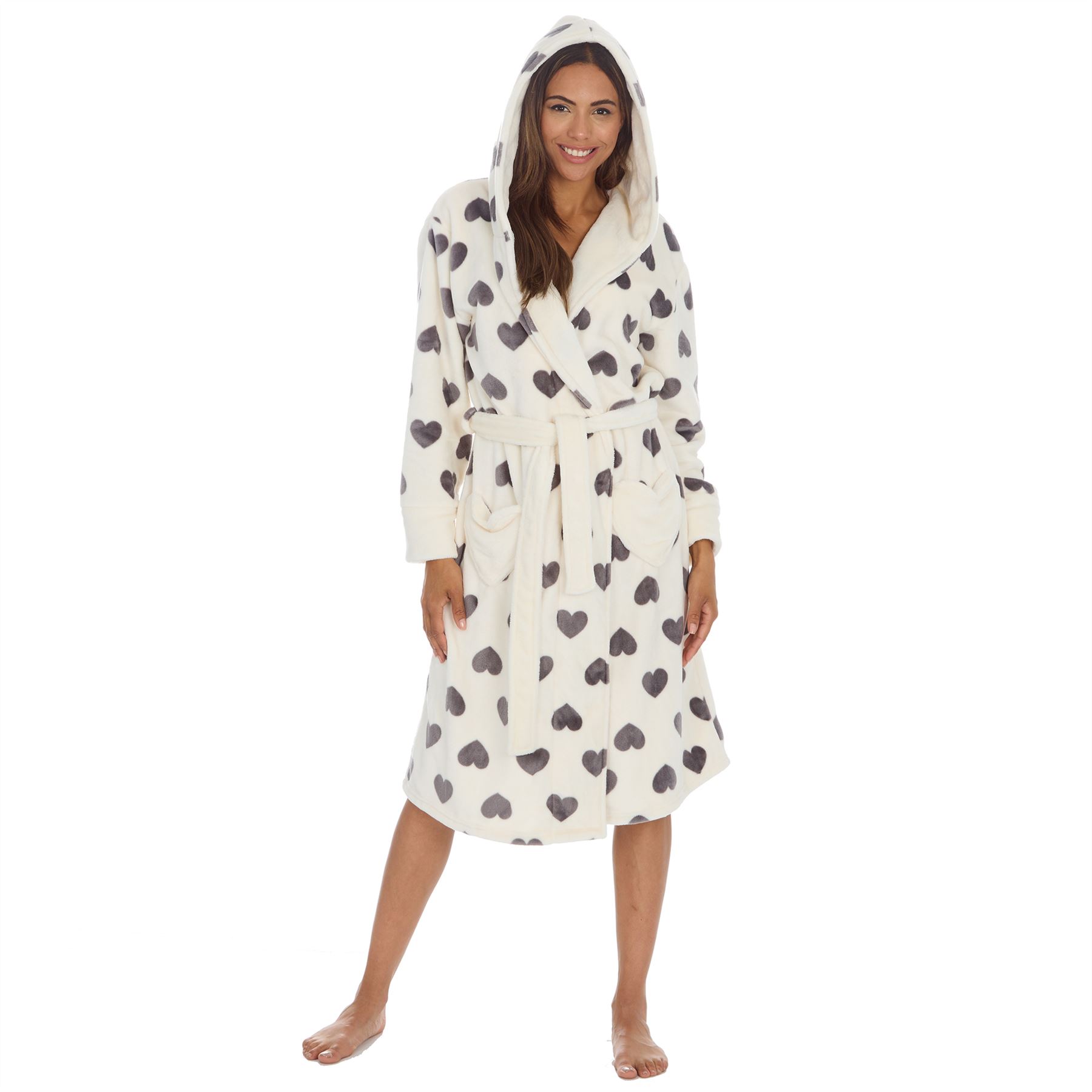 Ladies Hearts Dressing Gown Cream Grey Fleece Robe With Hood Size 8-22 - Picture 10 of 12