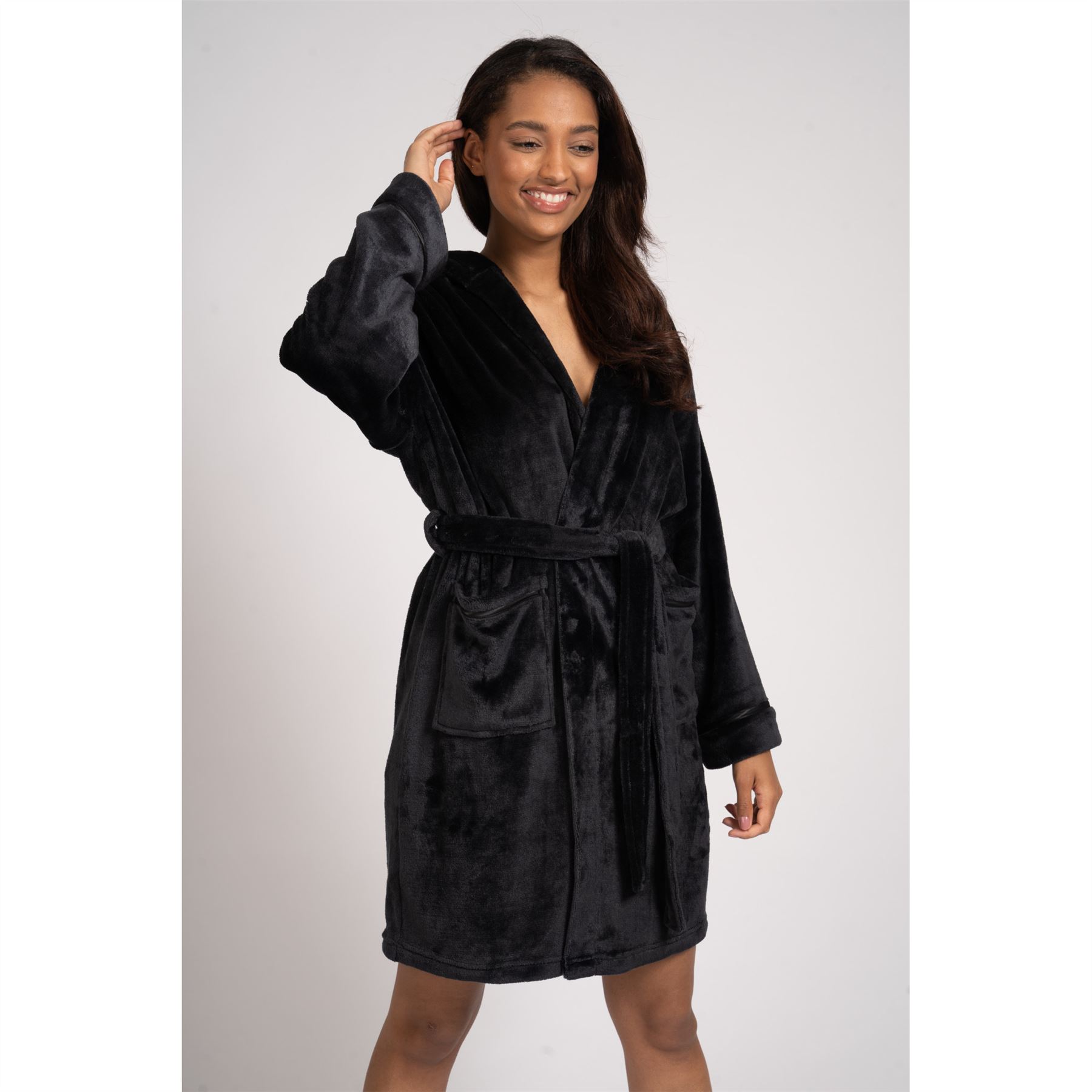 Ladies Super Soft Hooded Fleece Robe Dressing Gown - Picture 15 of 75