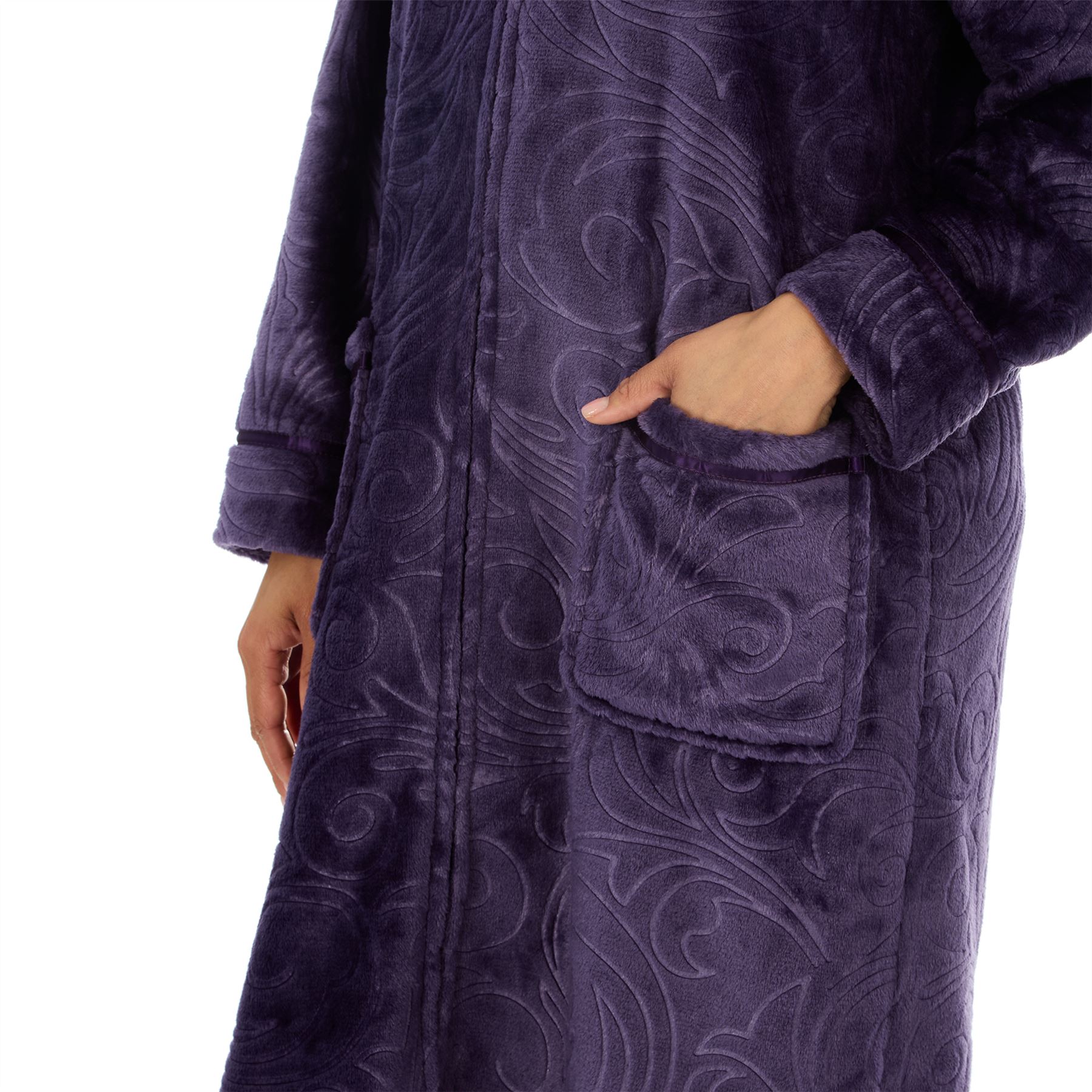 Womens Zip Robe Housecoat Ladies Embossed Fleece Dressing Gown Size 10-24 - Picture 24 of 31