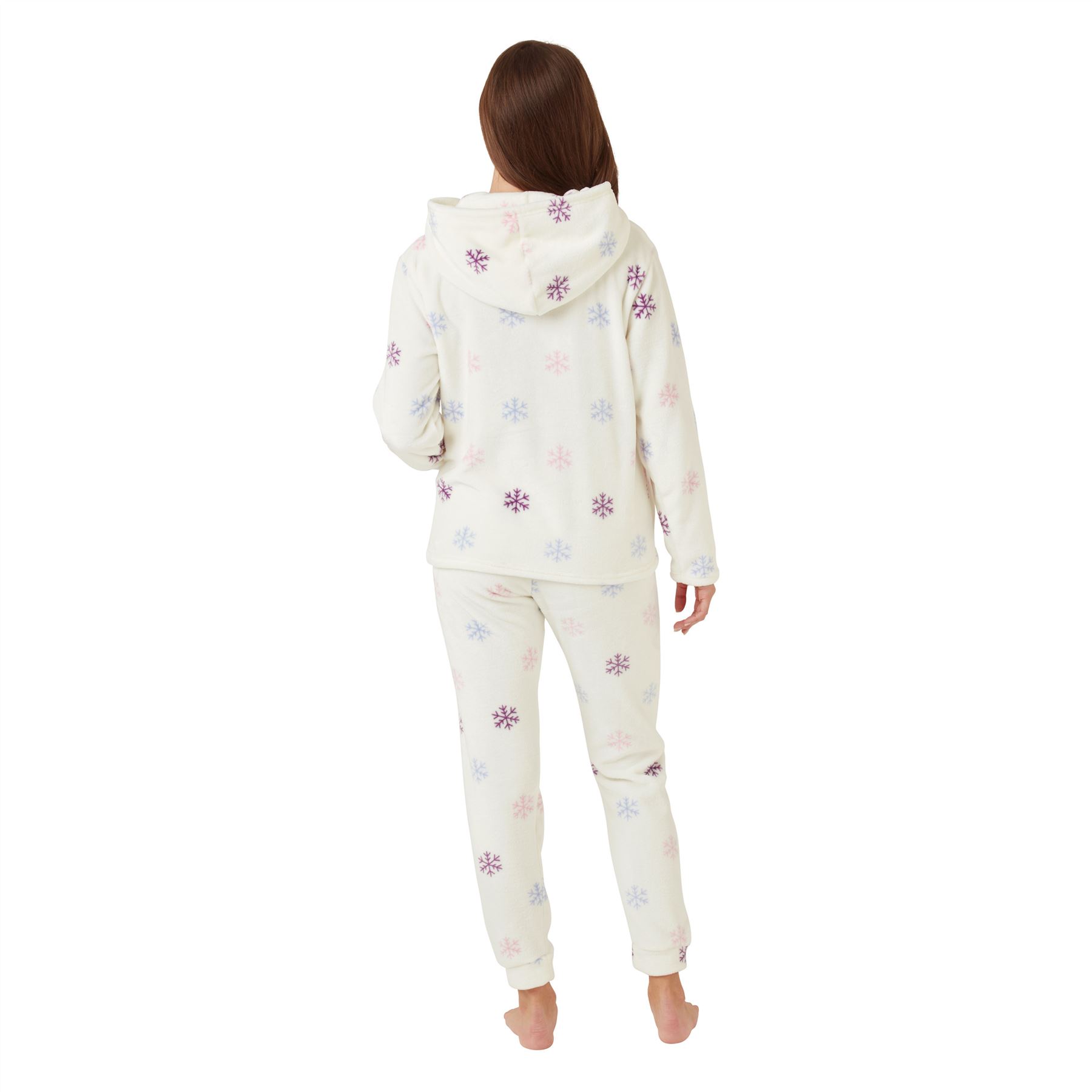Ladies Fleece Pyjamas Pajama Set With Hood Snowflake PJs Size 8-18 - Picture 7 of 9