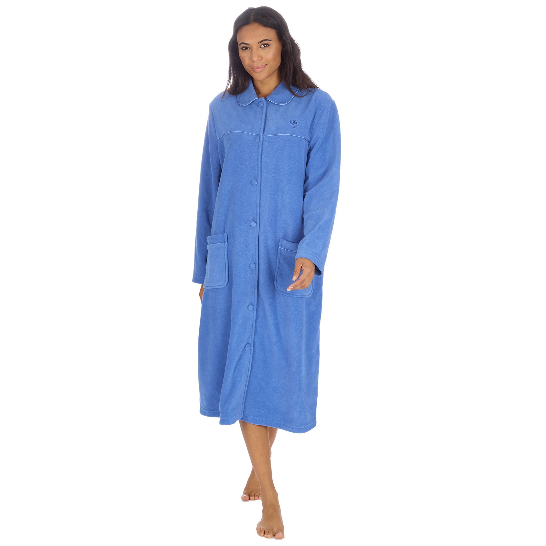 Ladies Button Housecoat Robe Longer Length Fleece Dressing Gown - Picture 15 of 40