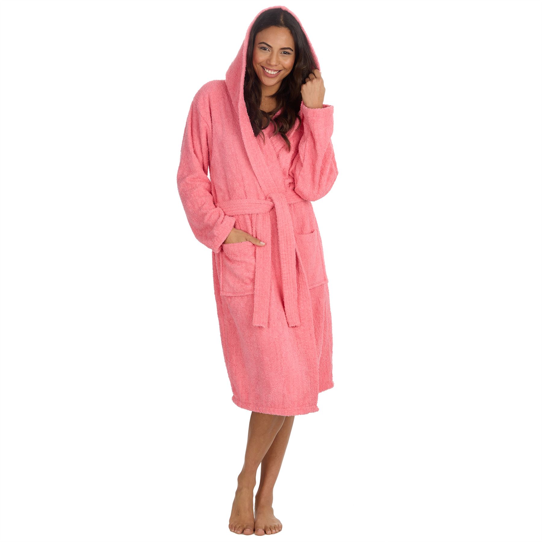 Womens Terry Towelling Bathrobe 100% Cotton Hooded Bath Robe Size 10-24 - Picture 24 of 26