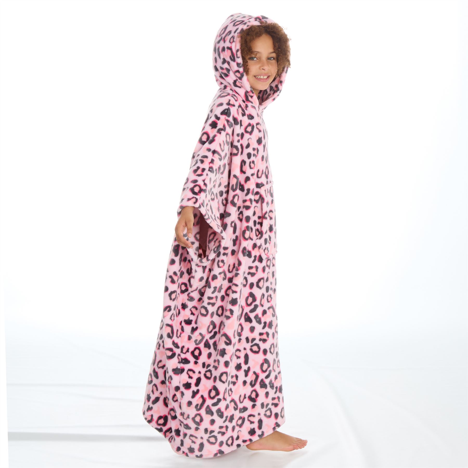 Kids Oversized Poncho Girls Fleece Hooded Pink Leopard Print Robe 7-13 Years - Picture 12 of 13