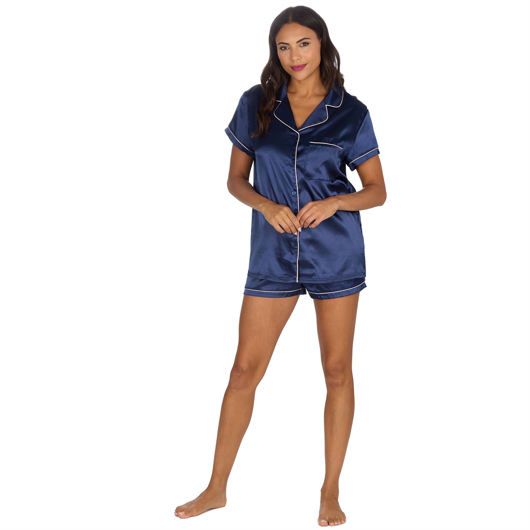 Conjunto de pijama de satén con botones delanteros y pantalones cortos para mujer y mujer talla 10-24 - Imagen 16 de 28