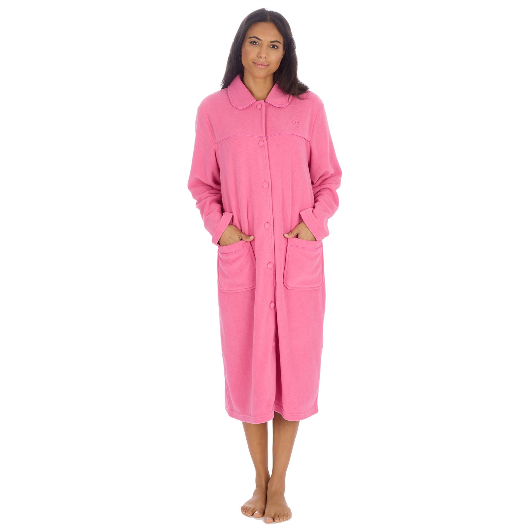 Ladies Button Housecoat Robe Longer Length Fleece Dressing Gown - Picture 21 of 40
