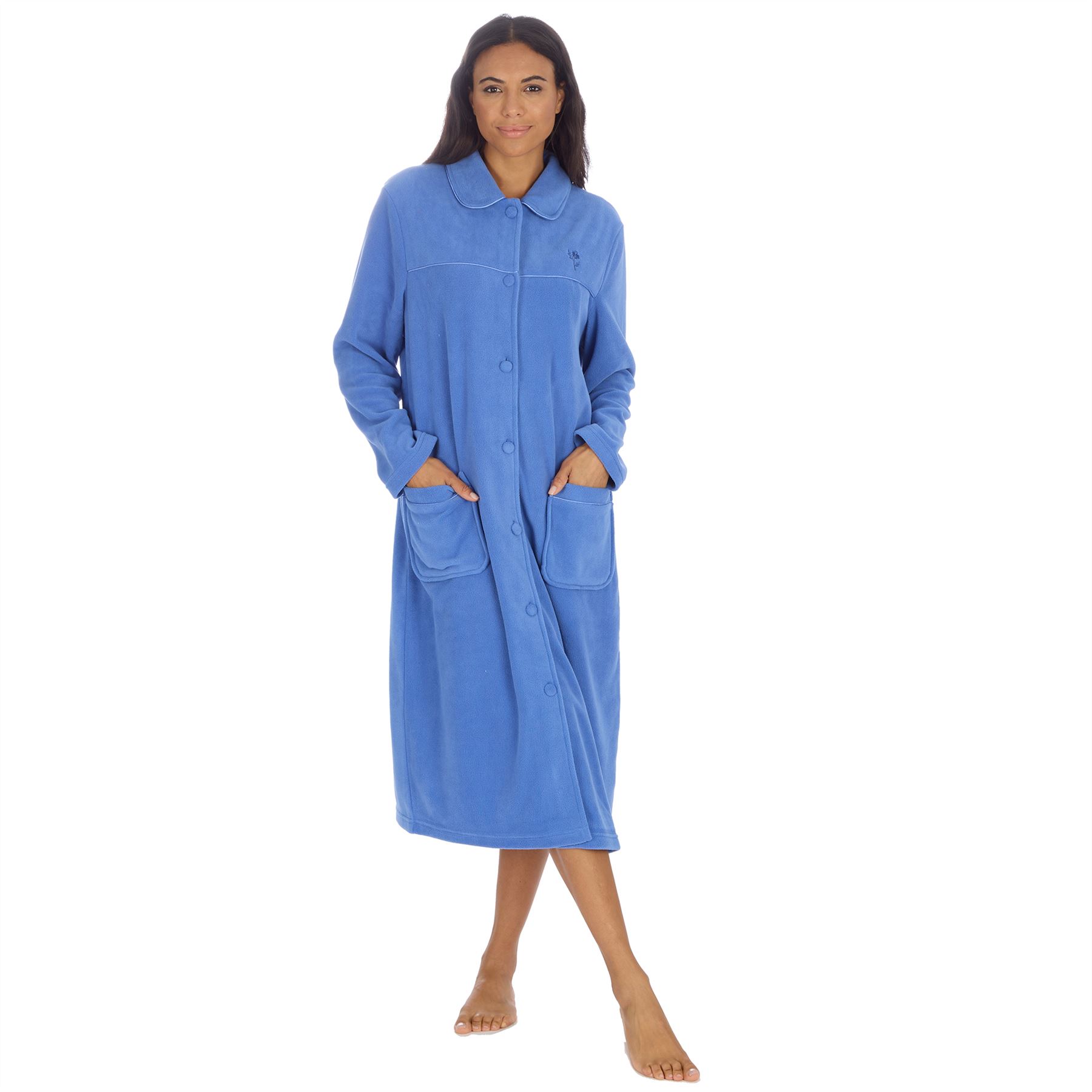 Ladies Button Housecoat Robe Longer Length Fleece Dressing Gown - Picture 17 of 40