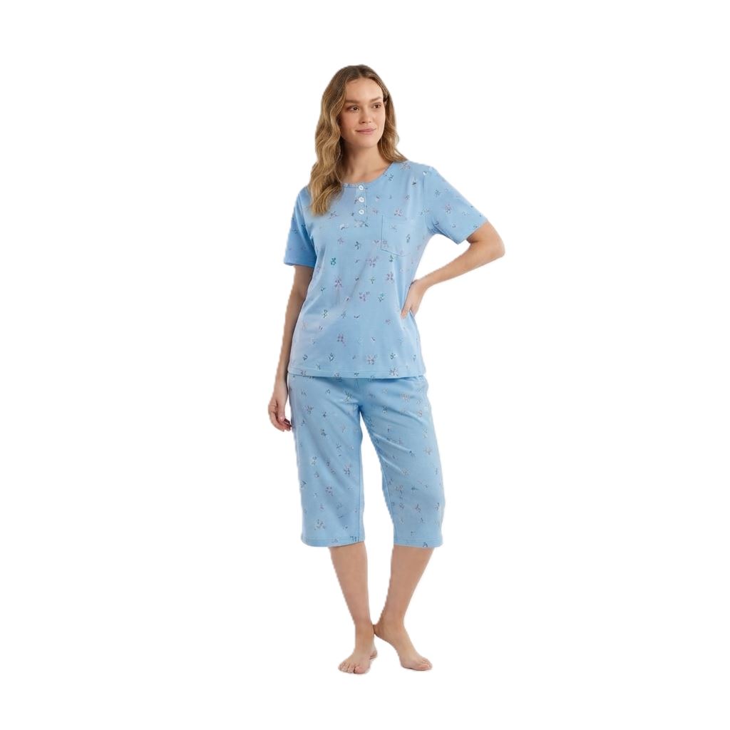 Damen Blumen Pyjama Kurzarm Oberteil Cropped Unterteil Damen Pyjama Schlafanzug Set