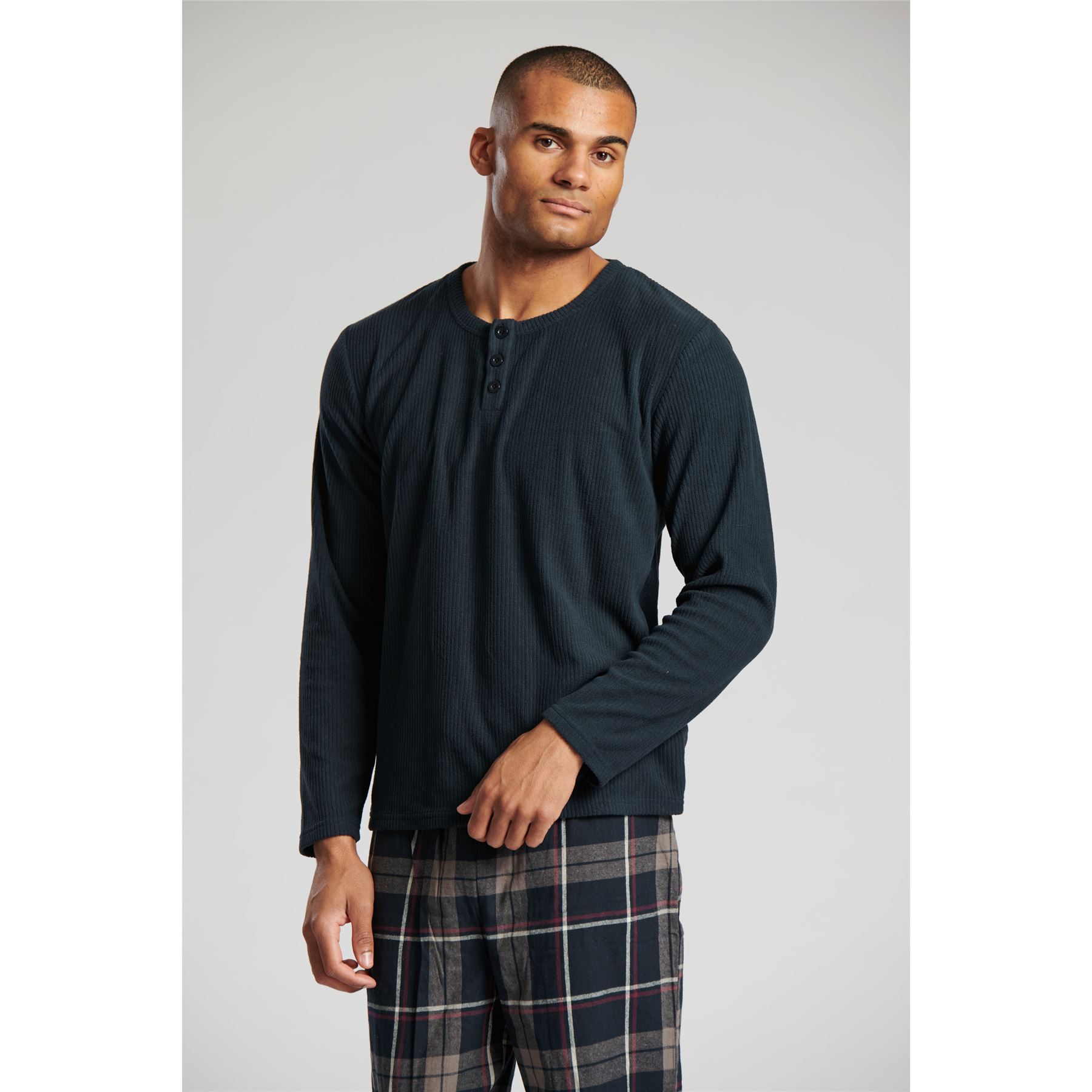 Mens Ribbed Fleece Pyjamas With Cotton Flannel Check Bottoms PJs M-XXL - Picture 17 of 18