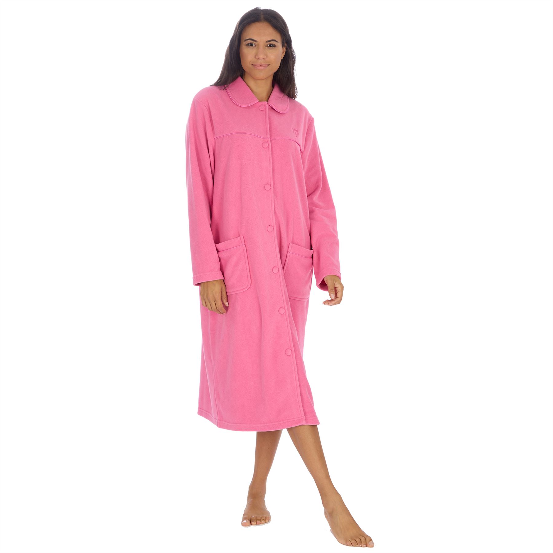 Ladies Button Housecoat Robe Longer Length Fleece Dressing Gown - Picture 24 of 40