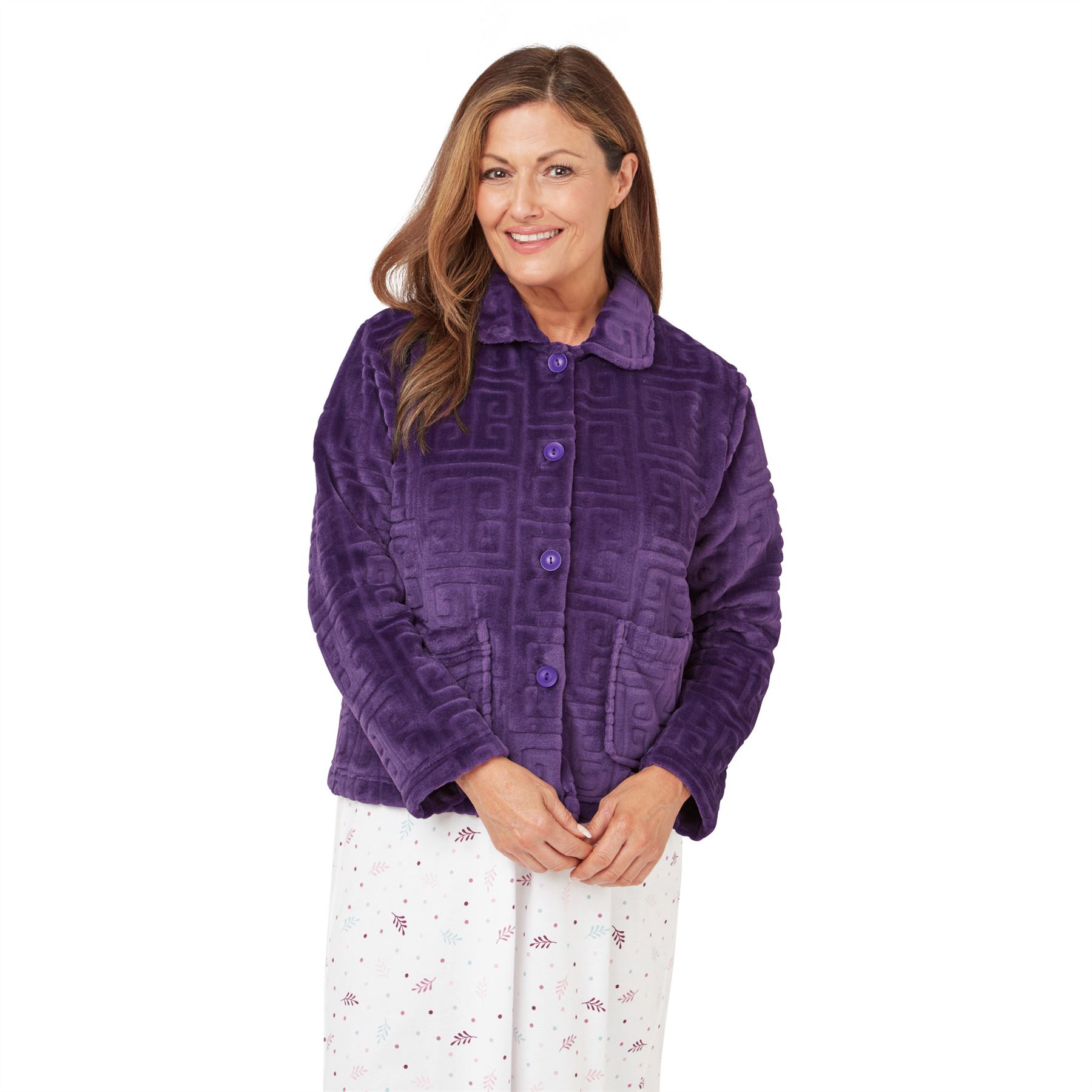 Ladies Embossed Button Through Fleece Bedjacket Womens Nightwear Top - Picture 2 of 4