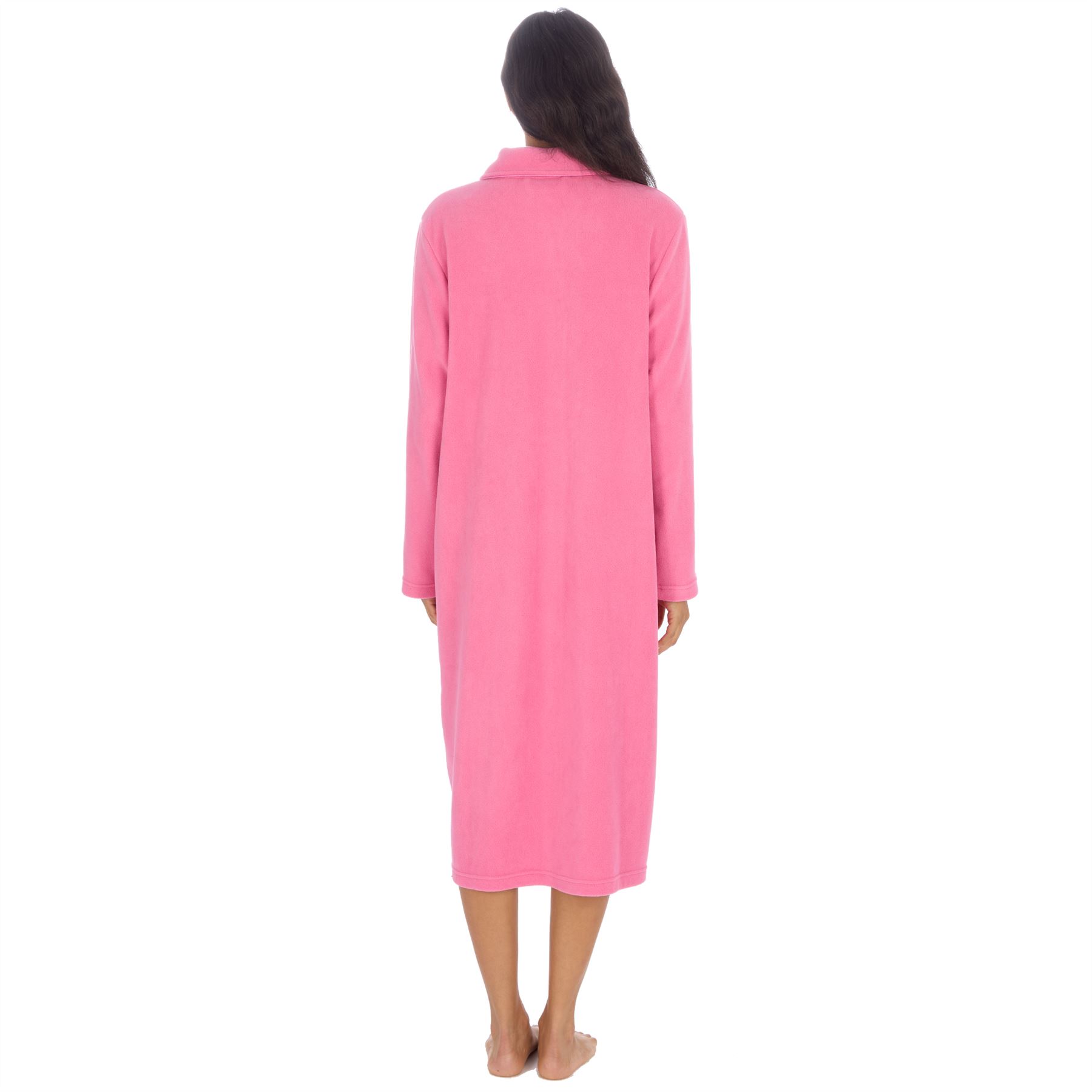 Ladies Button Housecoat Robe Longer Length Fleece Dressing Gown - Picture 25 of 40