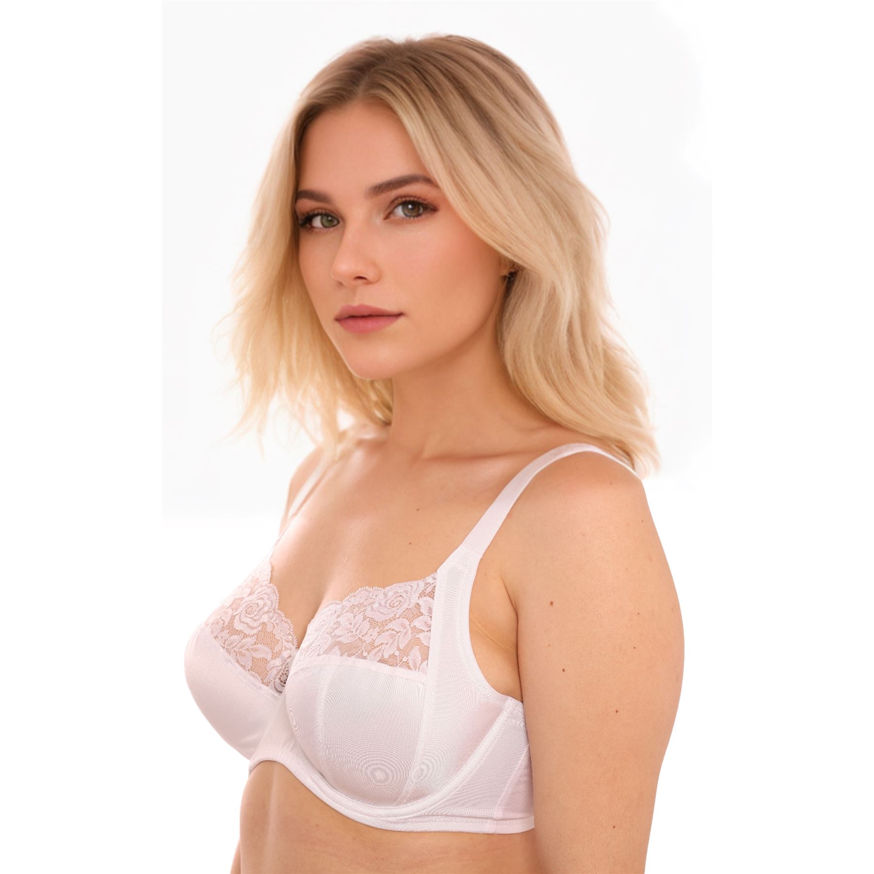 Gemm Dessous Vollschalen BH ohne Bügel ungepolstert Satin Blumen Spitze weiß - Bild 17 von 20