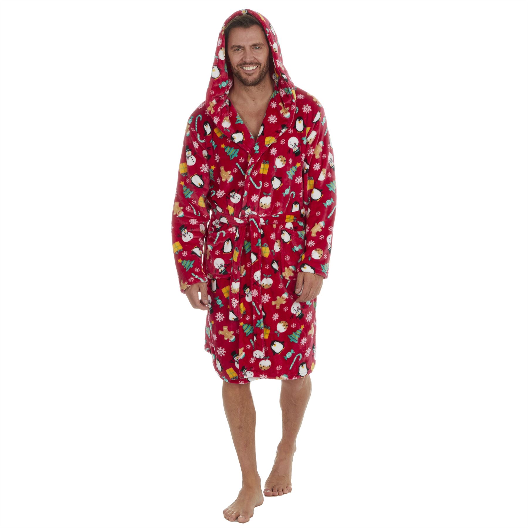 Christmas Dressing Gown Robe Xmas Mens Womens Unisex Red Navy Fleece Nightwear - Picture 34 of 36