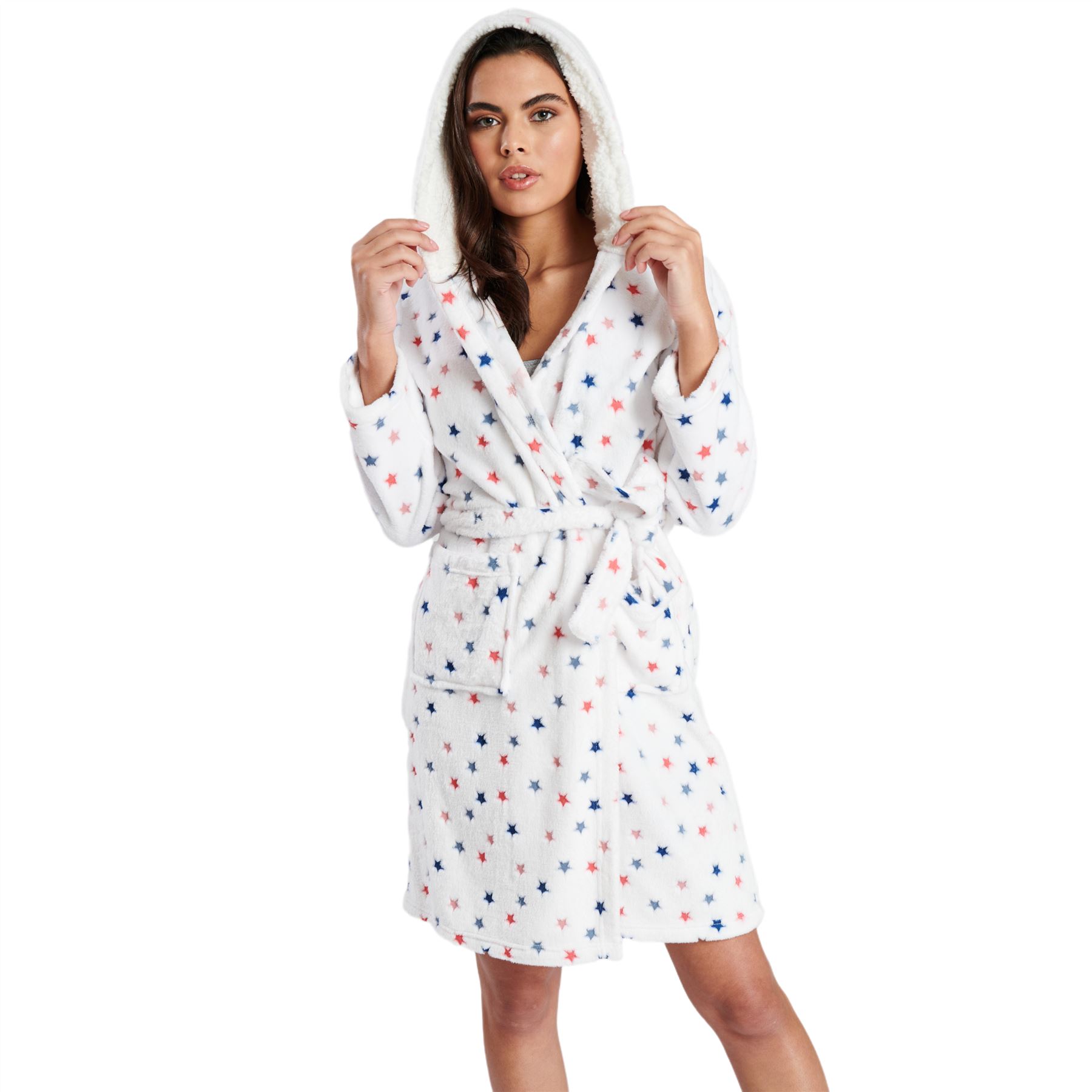 Ladies Super Soft Hooded Fleece Robe Dressing Gown - Picture 70 of 75