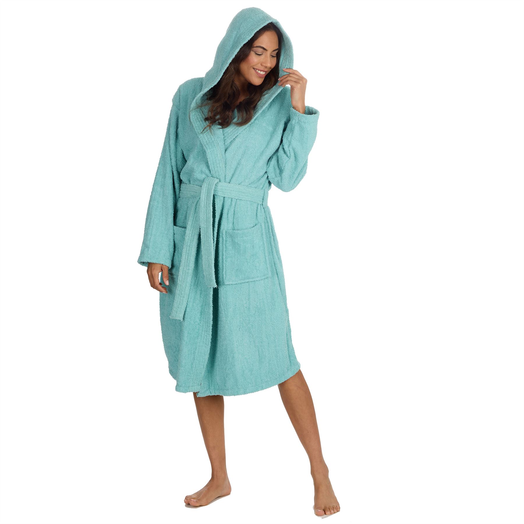 Womens Terry Towelling Bathrobe 100% Cotton Hooded Bath Robe Size 10-24 - Picture 18 of 26