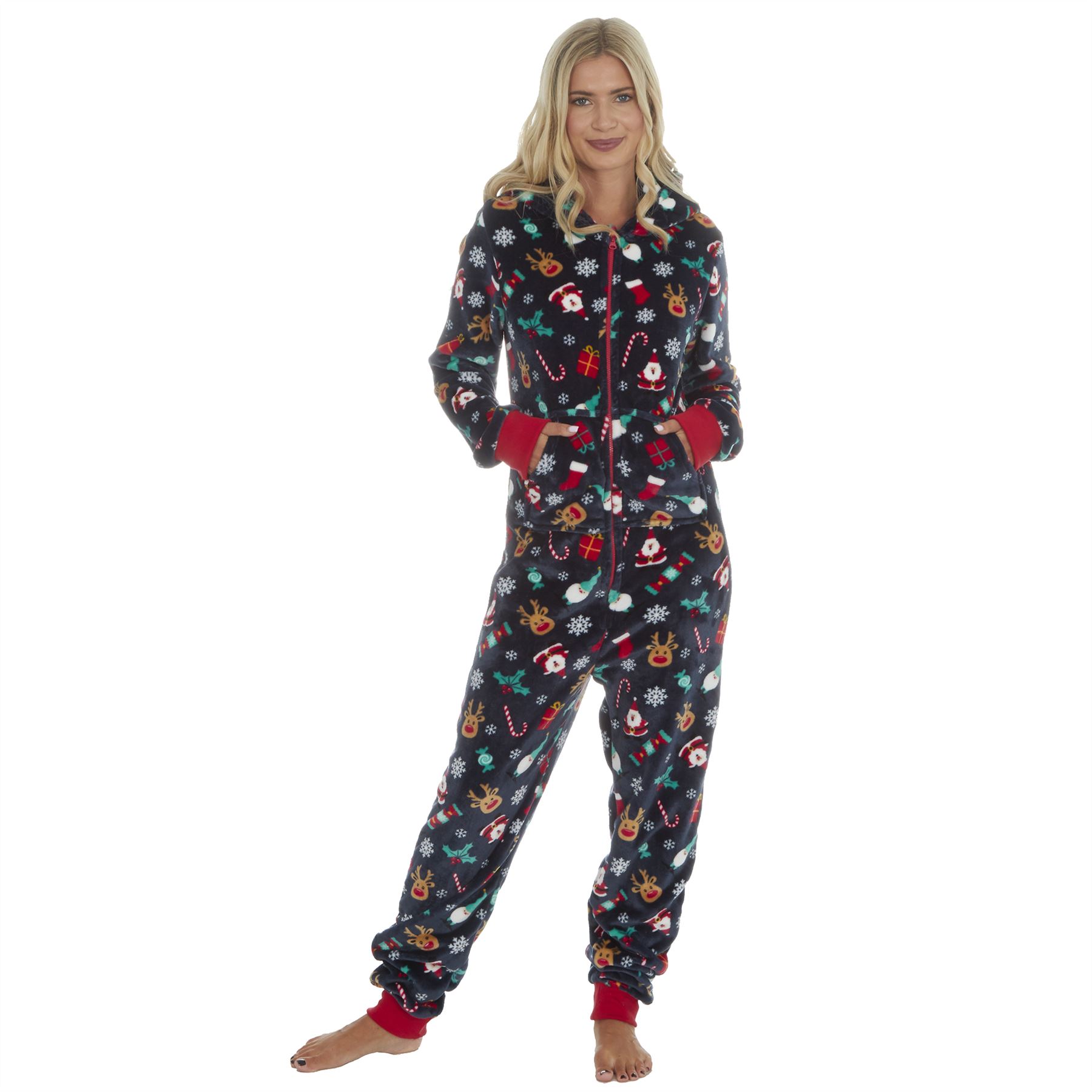 Christmas 1Onesie Xmas All In One Mens Womens Unisex Red Navy Fleece Loungewear - Picture 14 of 24