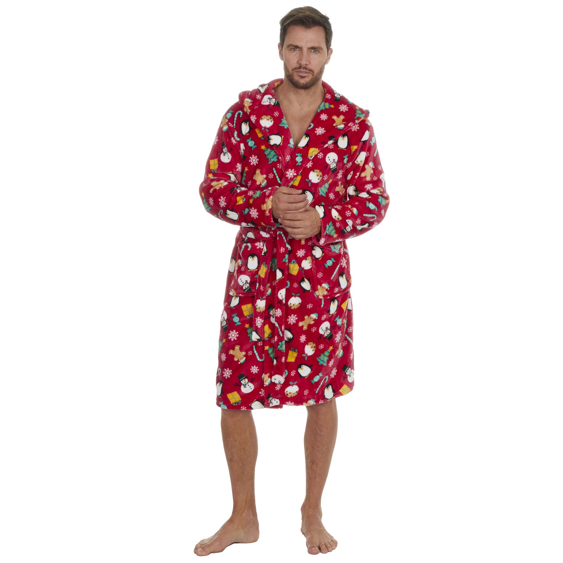 Christmas Dressing Gown Robe Xmas Mens Womens Unisex Red Navy Fleece Nightwear - Picture 35 of 36