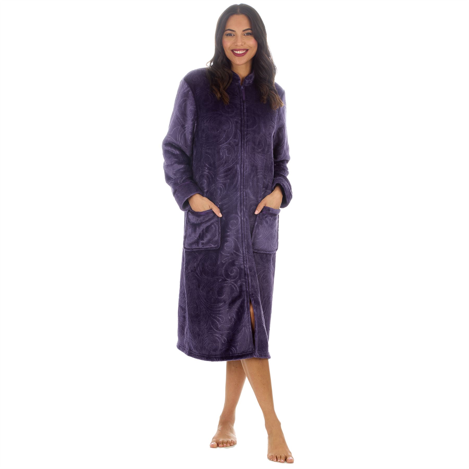 Womens Zip Robe Housecoat Ladies Embossed Fleece Dressing Gown Size 10-24 - Picture 21 of 31