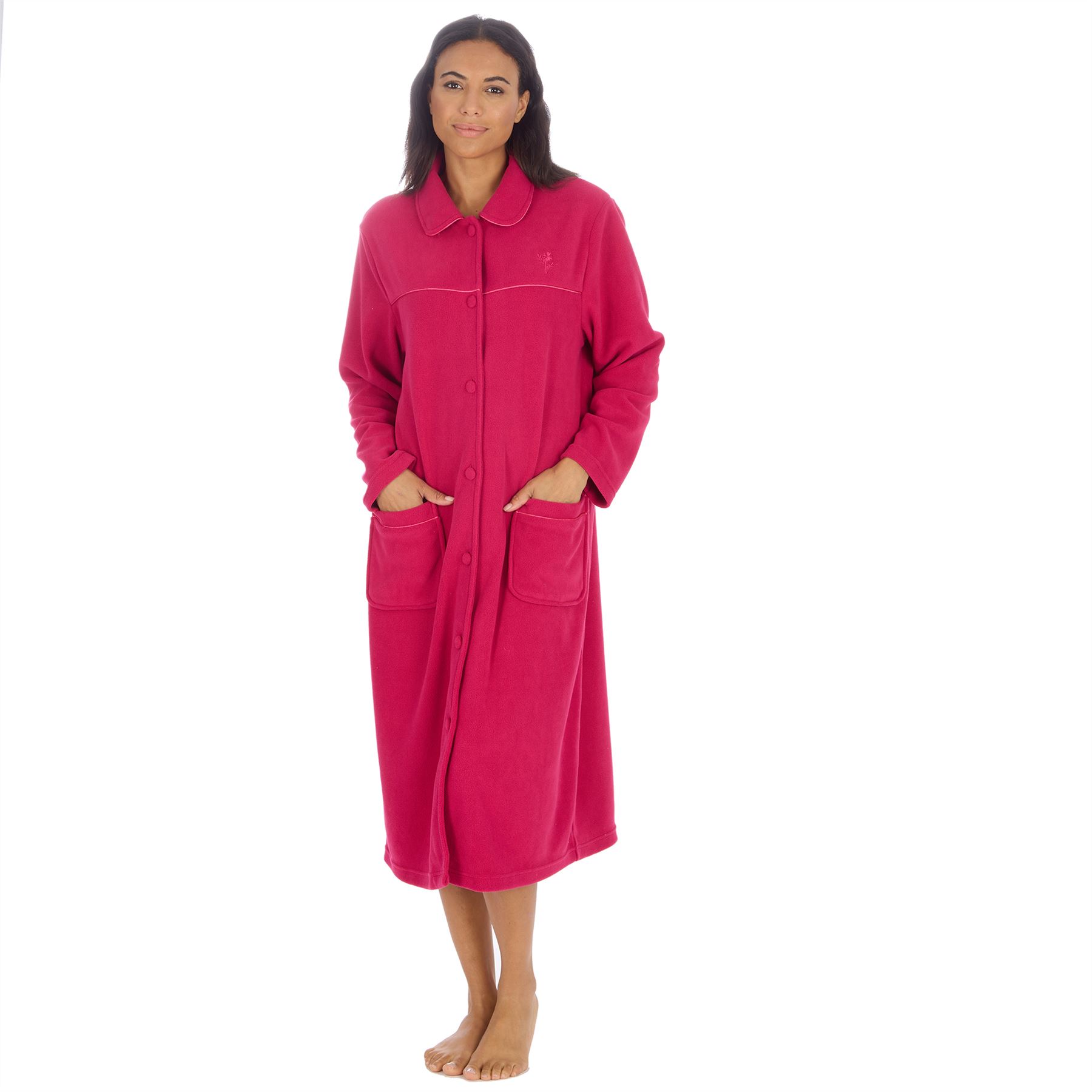 Ladies Button Housecoat Robe Longer Length Fleece Dressing Gown - Picture 35 of 40